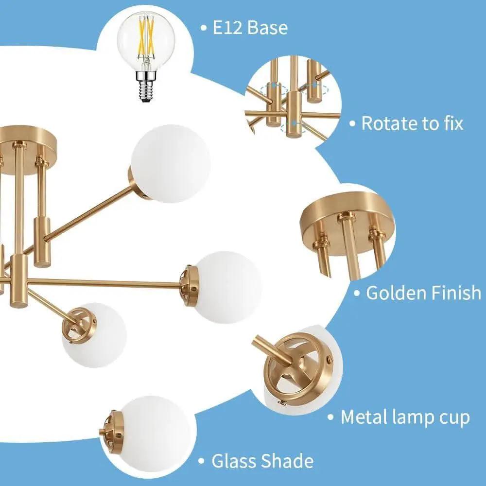 Gold Sputnik Chandelier Glass Globe Shade Modern Light from PriceLows™