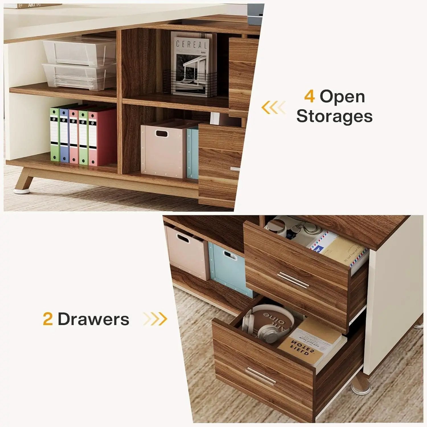 71 Inch Walnut White L Shaped Desk With 55 Inch Cabinet from PriceLows™