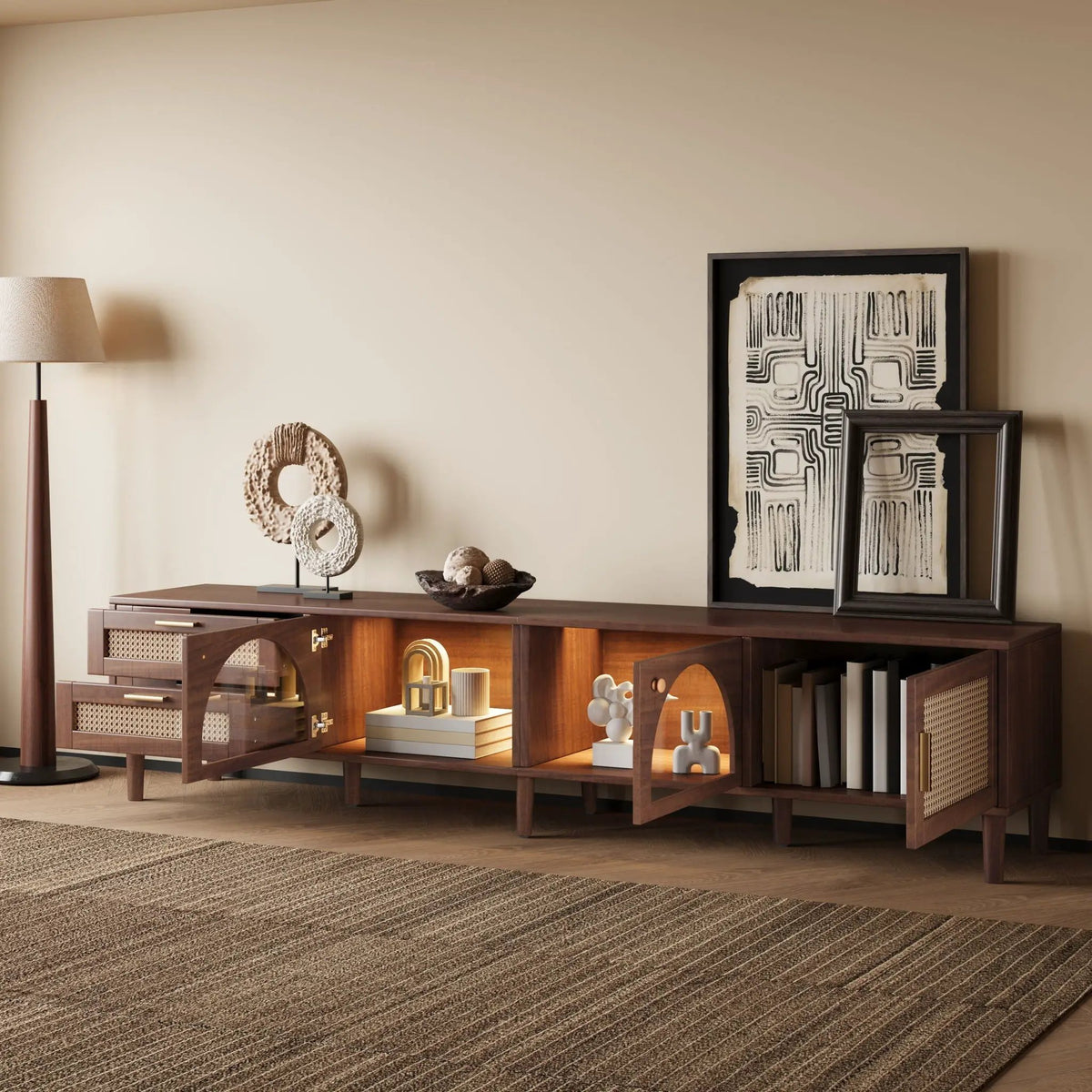TV Stand | App Controlled LED Lights | Rattan Door Storage | Large TV
