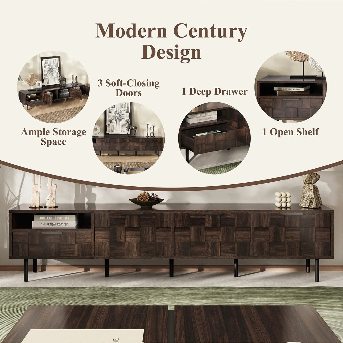 TV Stand | 78 Inch | Soft Close Storage | Walnut Finish