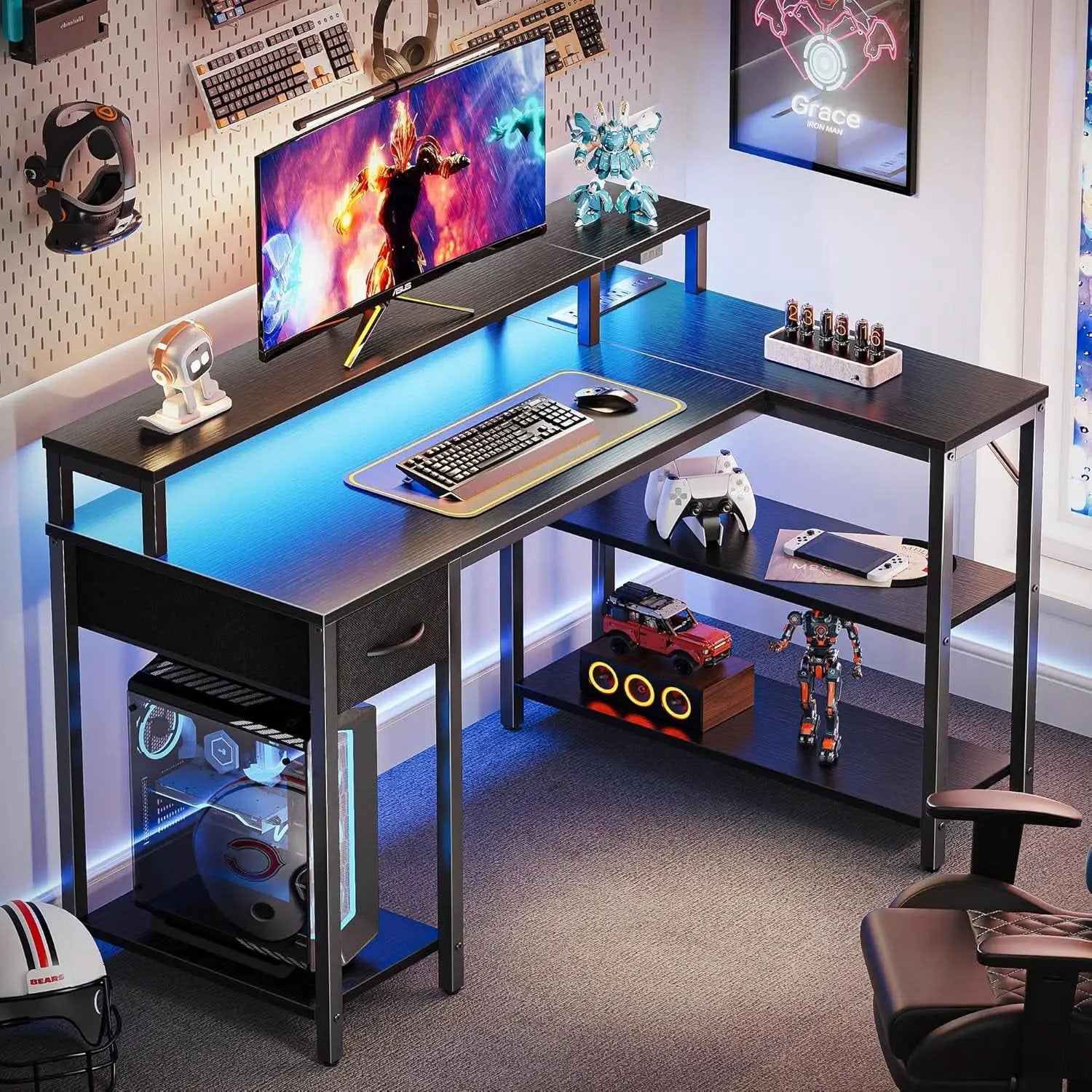 47 Inch L Shaped Desk With LED Lighting And Power Outlets from PriceLows™