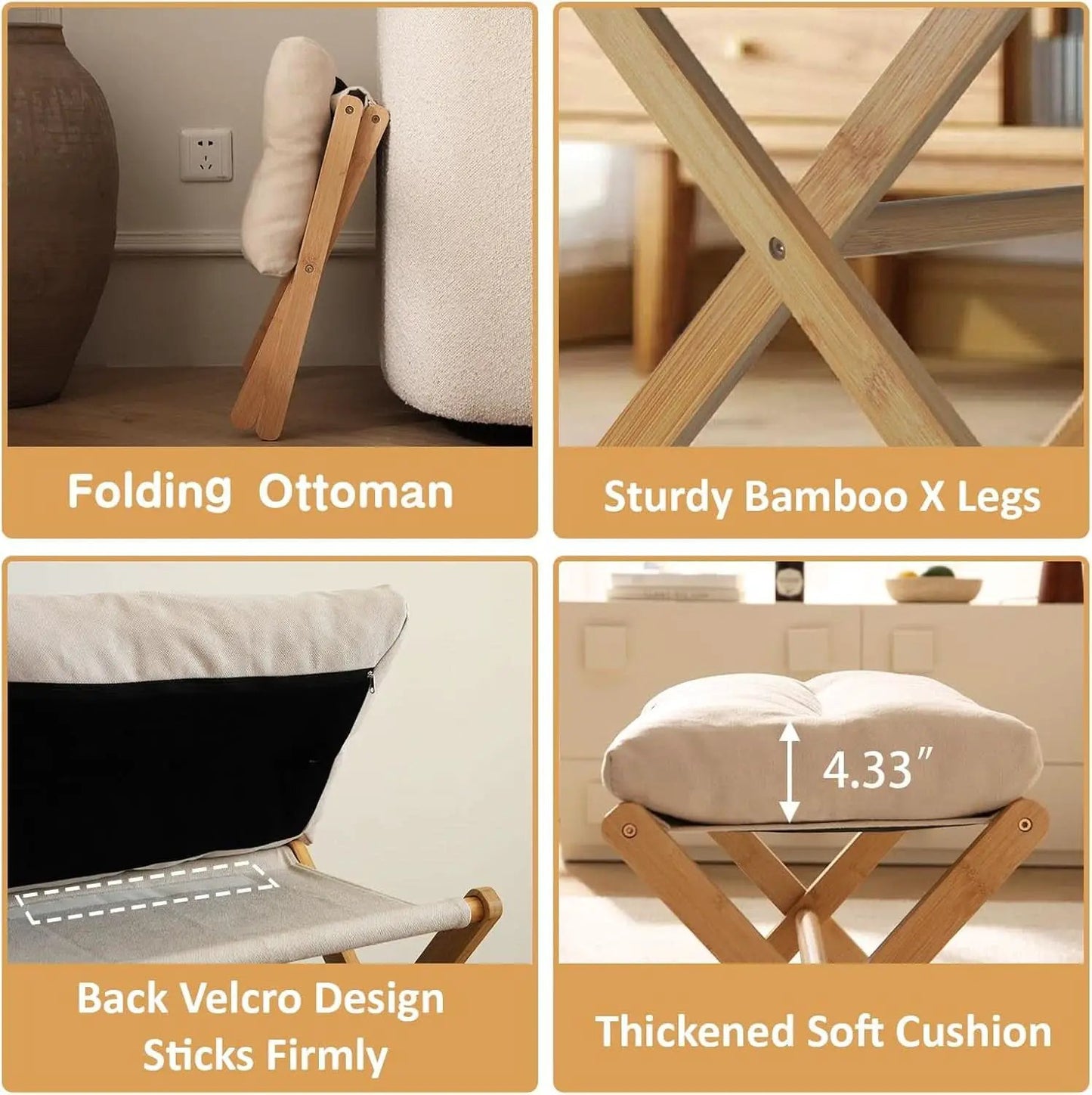 Bamboo Foldable Ottoman Foot Rest Beige Upholstered from PriceLows™