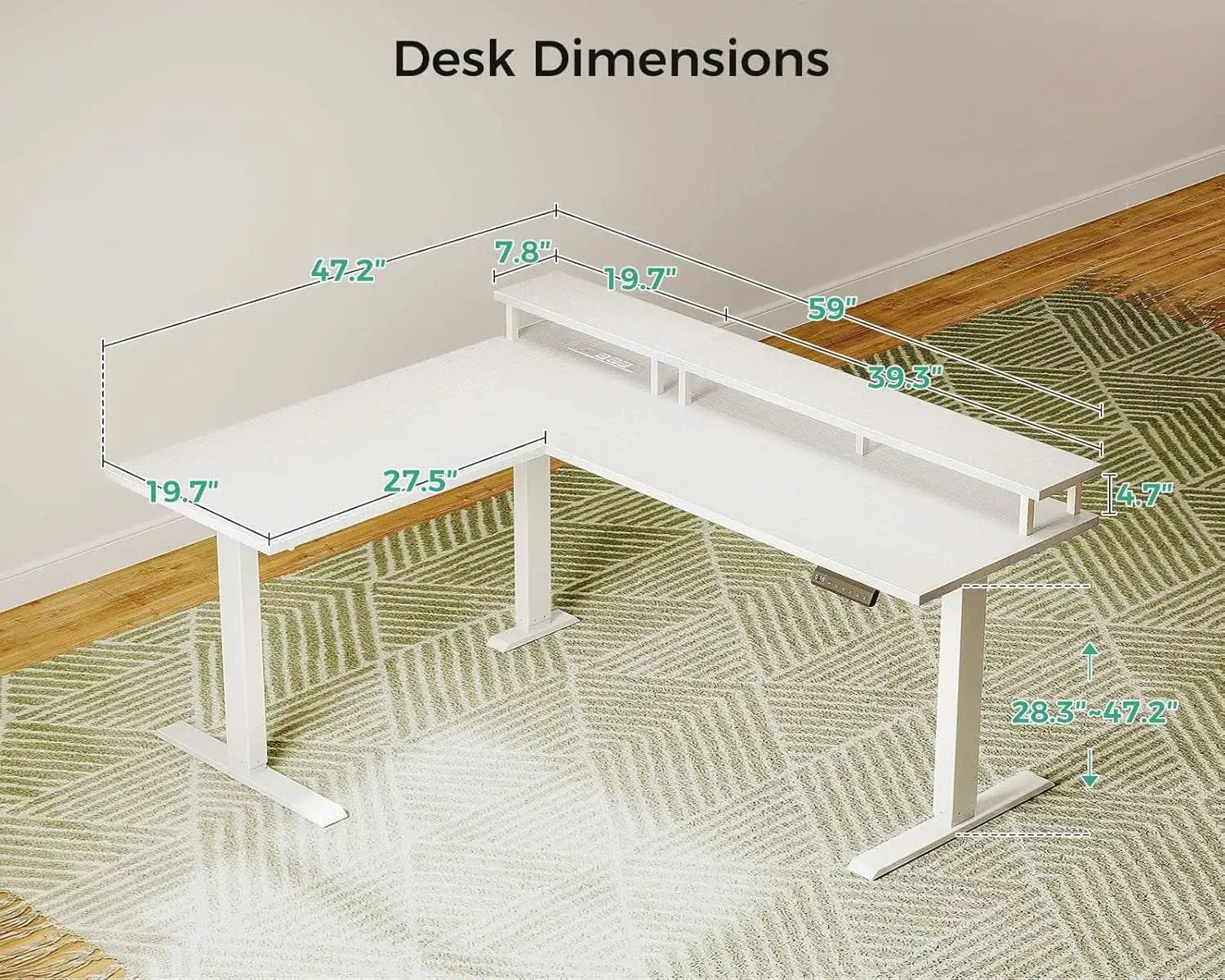 L Shaped Standing Desk 59 Inch Height Adjustable White from PriceLows™