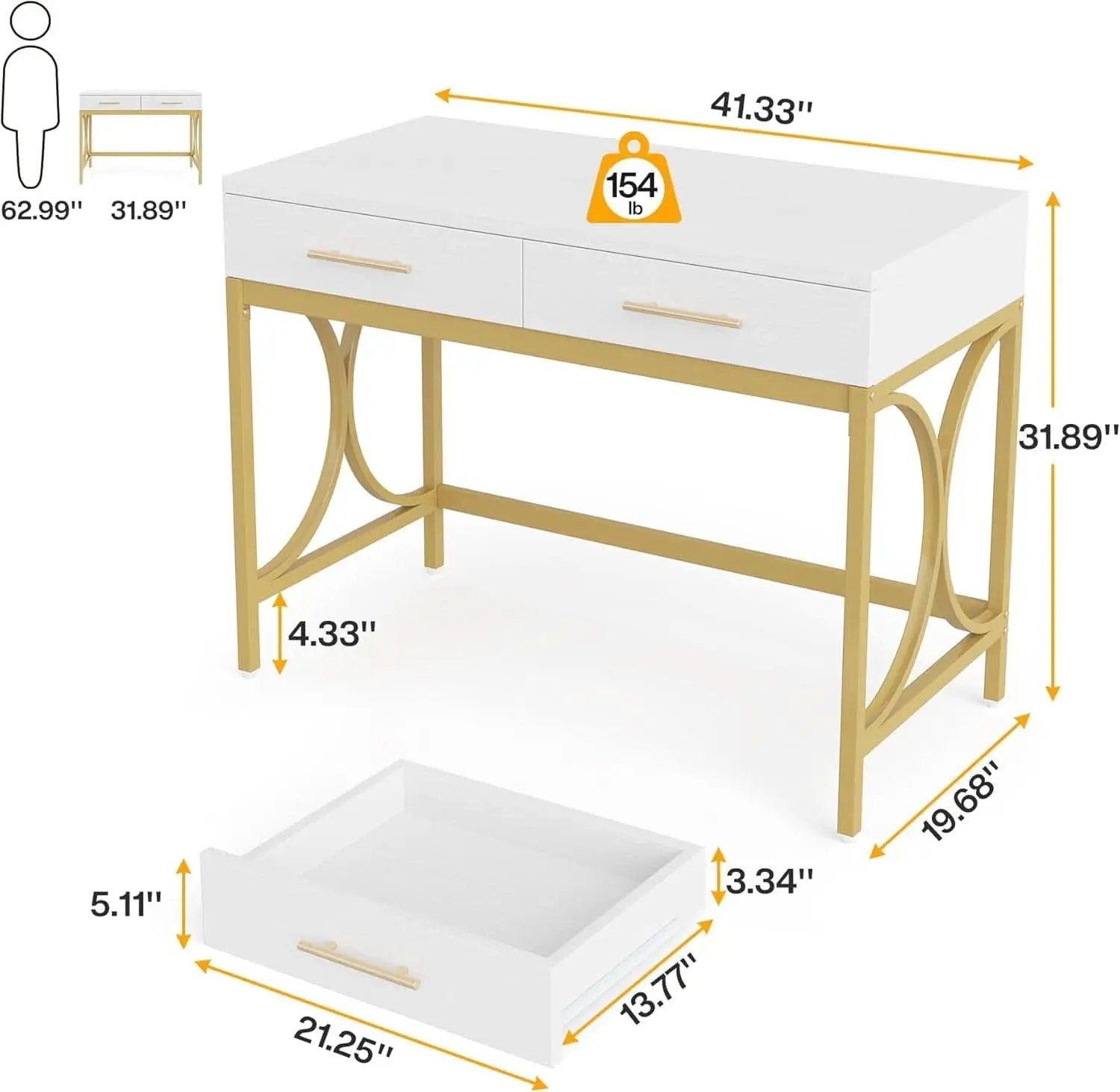 41 Inch White And Gold Computer Desk With 2 Drawers from PriceLows™