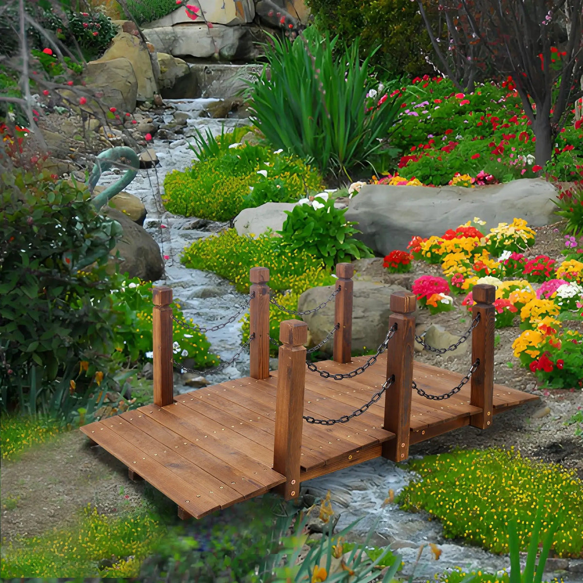 Wooden Arch Footbridge | 400 Lb Capacity | Chain Railings | 5 Foot