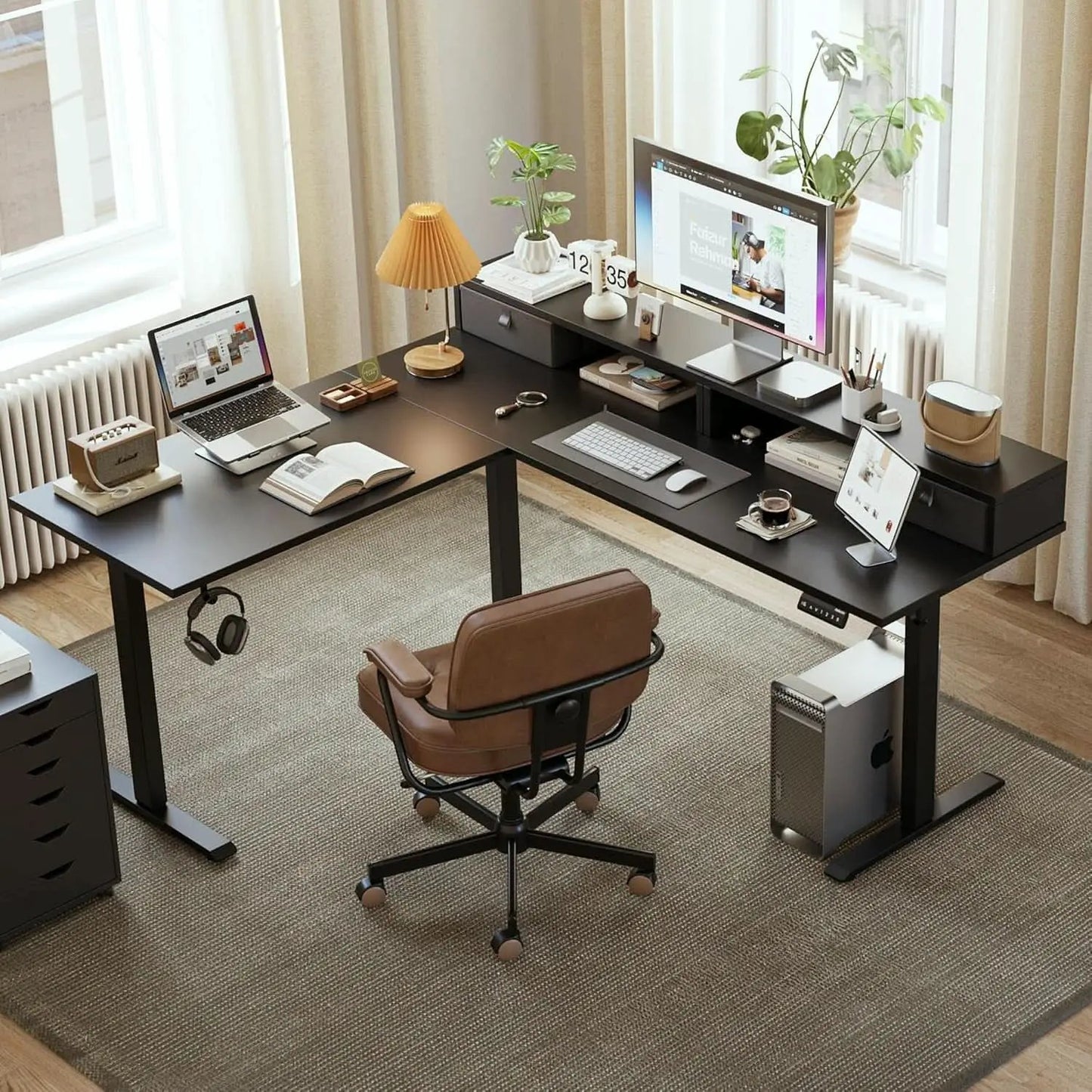 L Shaped Electric Standing Desk 63 Inch 2 Drawers Black from PriceLows™