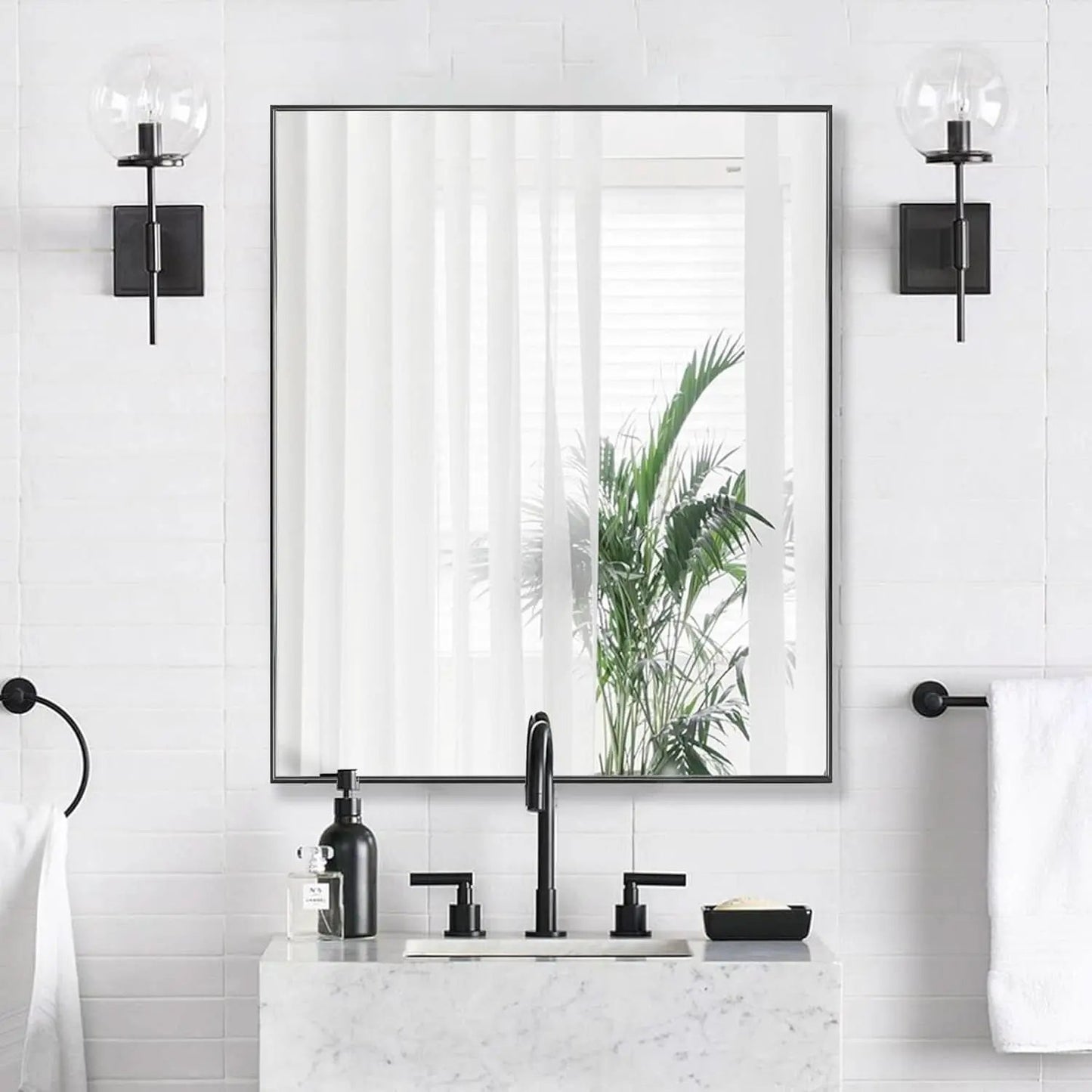 24X32 Inch Black Aluminum Frame Wall Mirror For Bathroom Vanity Horizontal Or Vertical Mount from PriceLows™