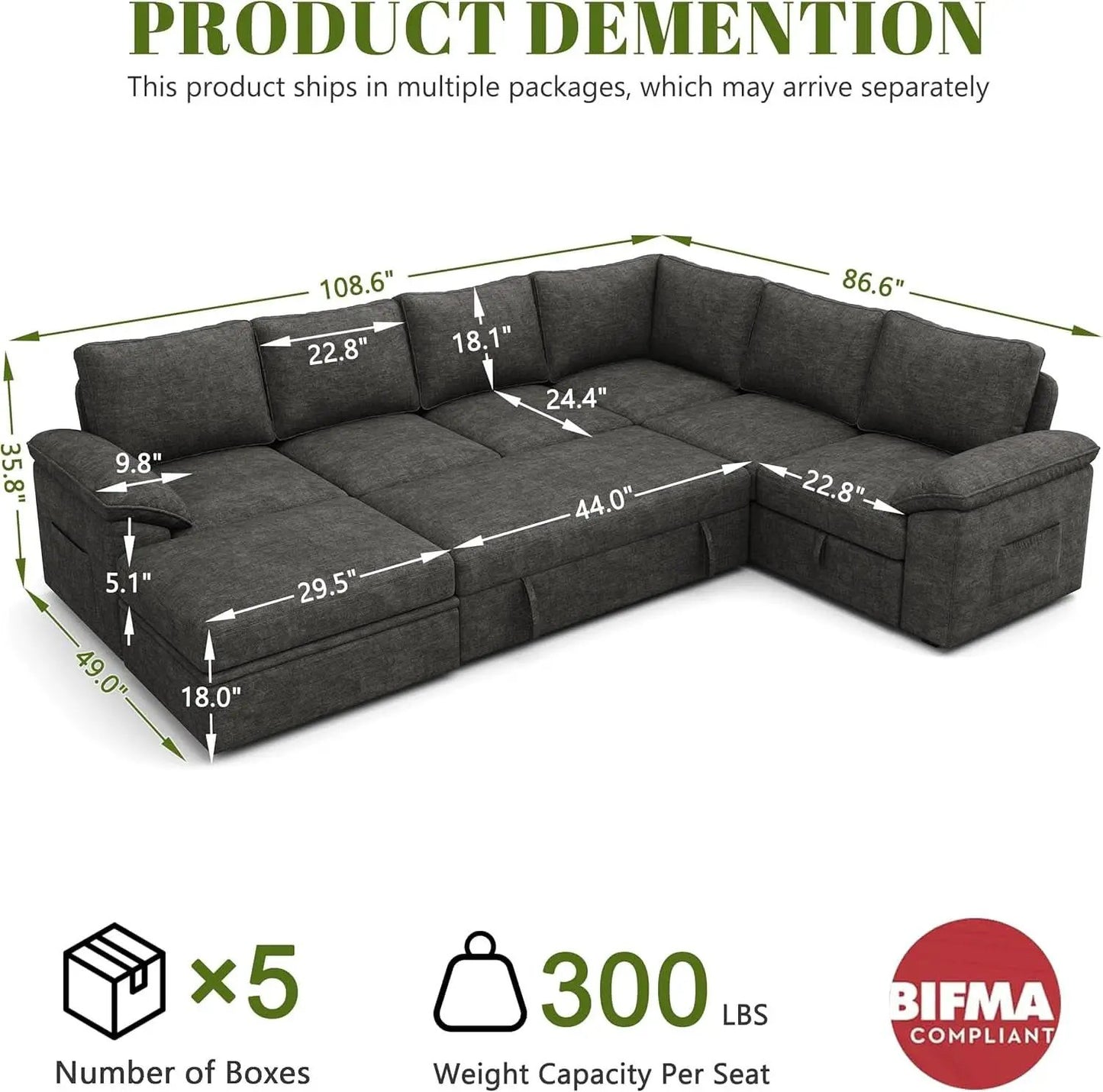 108 Inch Modular Sectional Sleeper Sofa CharcoalGrey from PriceLows™