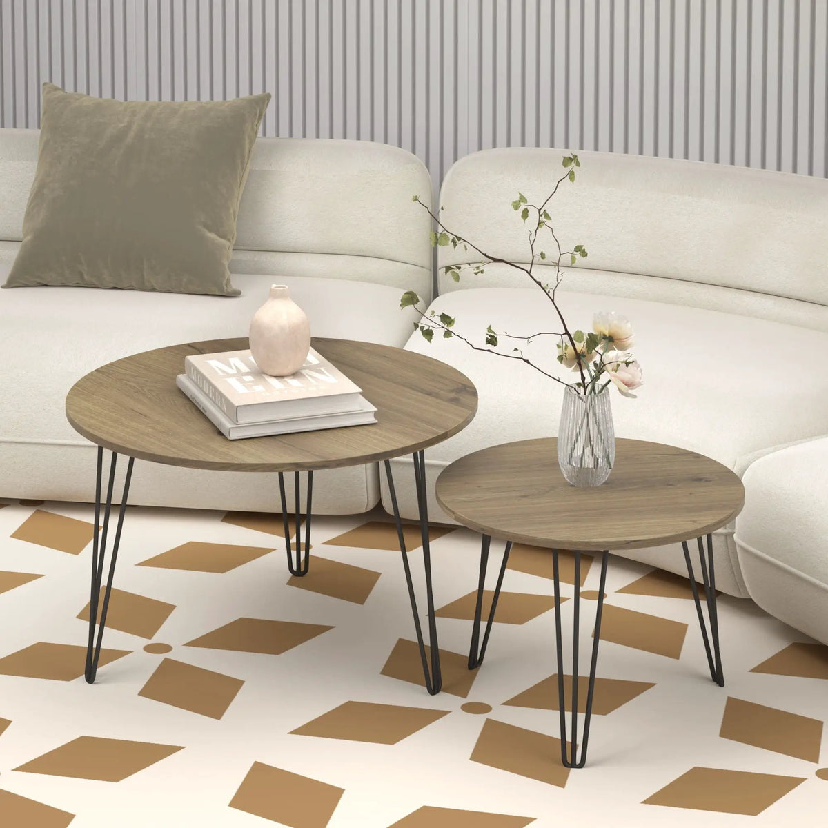 Round Nesting Coffee Table | Faux Marble Top | Steel Base | Set Of 2