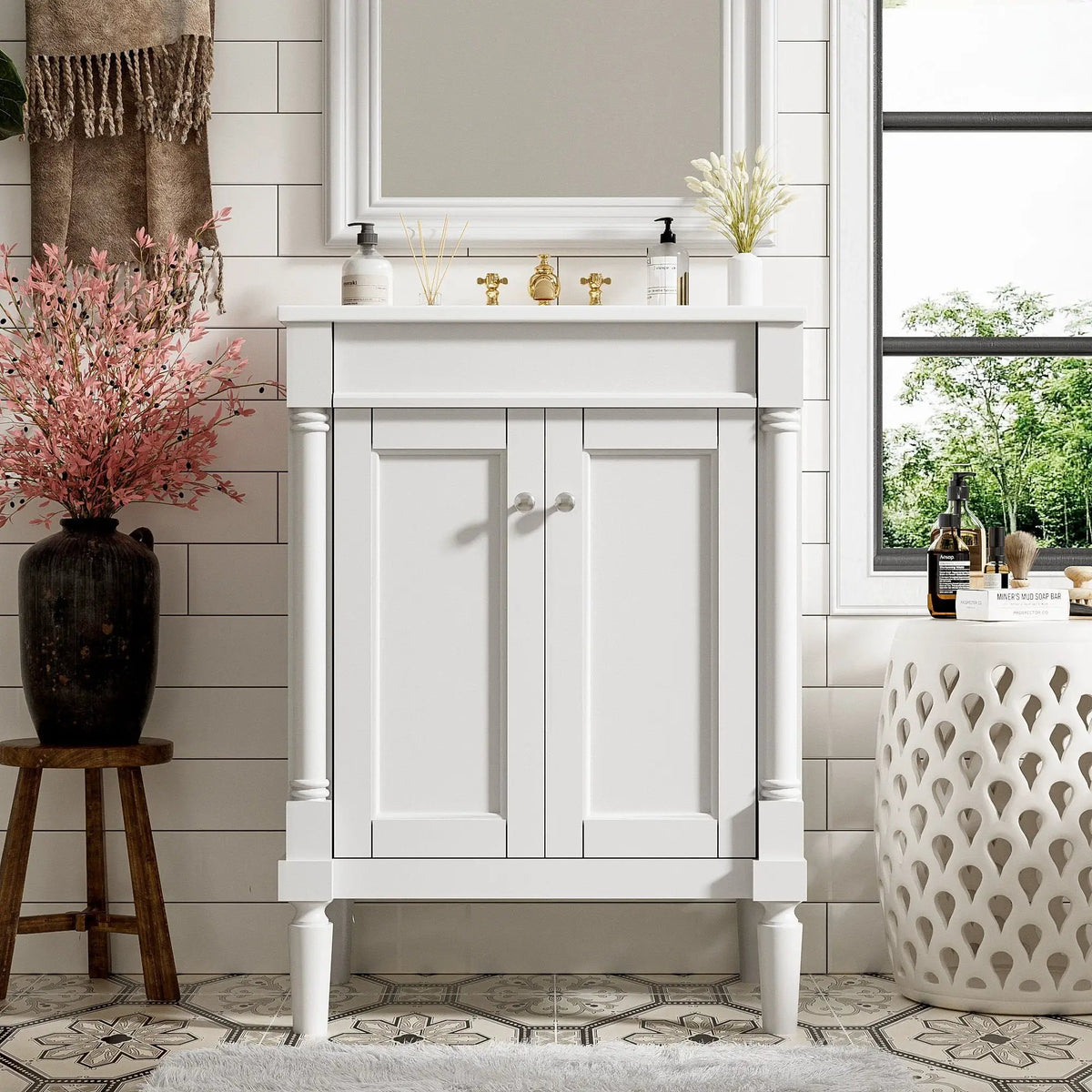 24 Inch Bathroom Vanity With Top Sink | 2 Tier Storage Cabinet | Retro Metal Handles | Soft-Closing Hinges