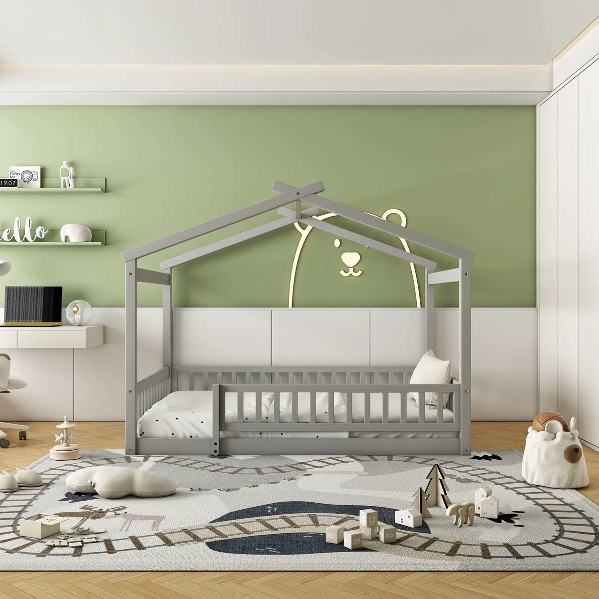 Kids Bed Frame | Playhouse Design | Roof And Fence | Toddler Size