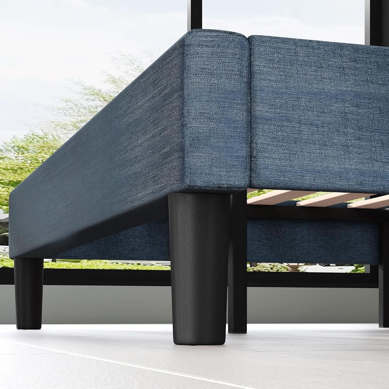Omkaram Navy Upholstered Platform Bed Frame No Box Spring from PriceLows™