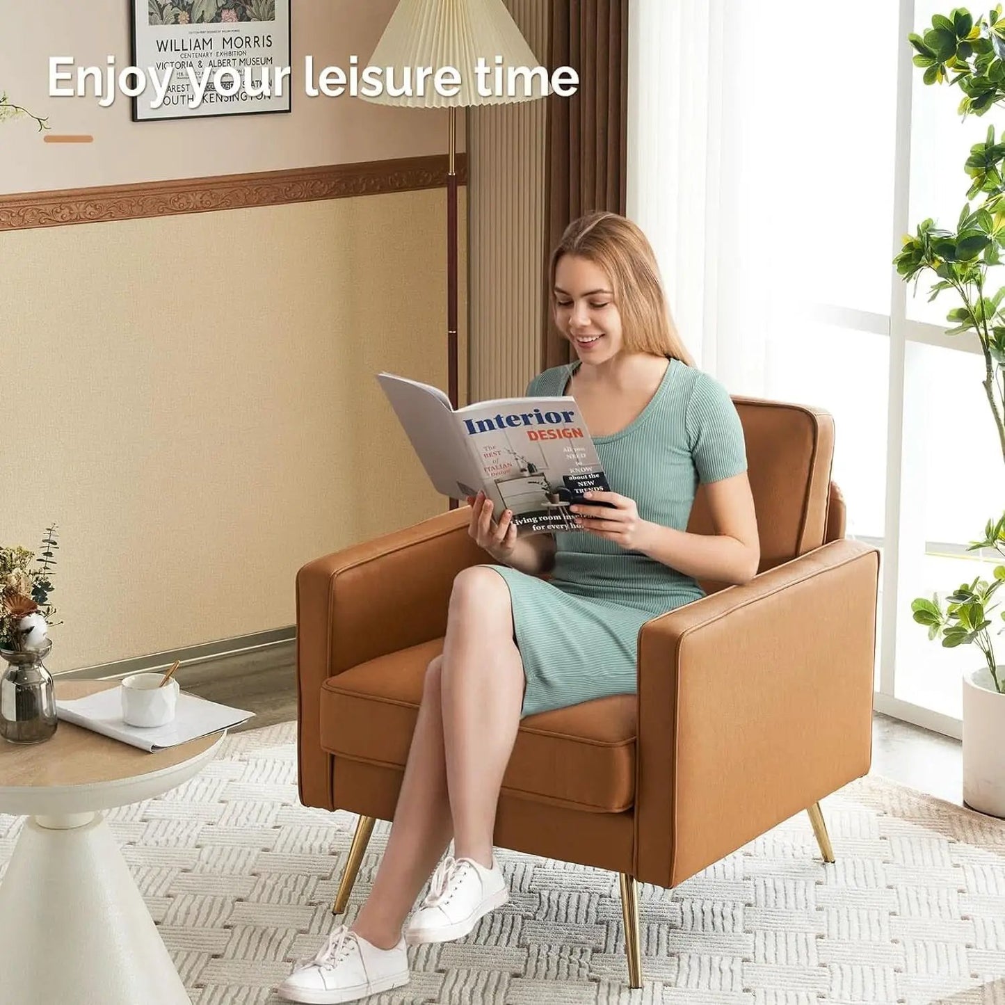 Brown PU Leather Accent Chairs Set Of 2 With Gold Legs from PriceLows™