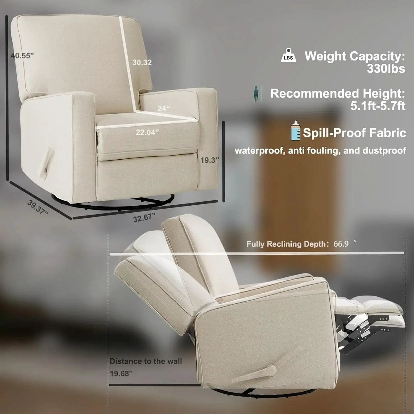 Beige Fabric Swivel Rocker Recliner Armchair DeepSeat from PriceLows™