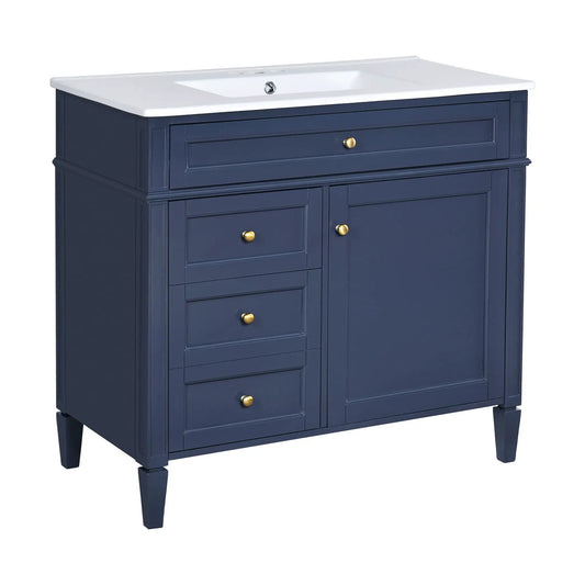 Bathroom Vanity With Top Sink, Modern Bathroom Storage Cabinet, 2 Drawers And A | 36 x 18.2 x 33.78 in | Solid Wood & Ceramic | Blue