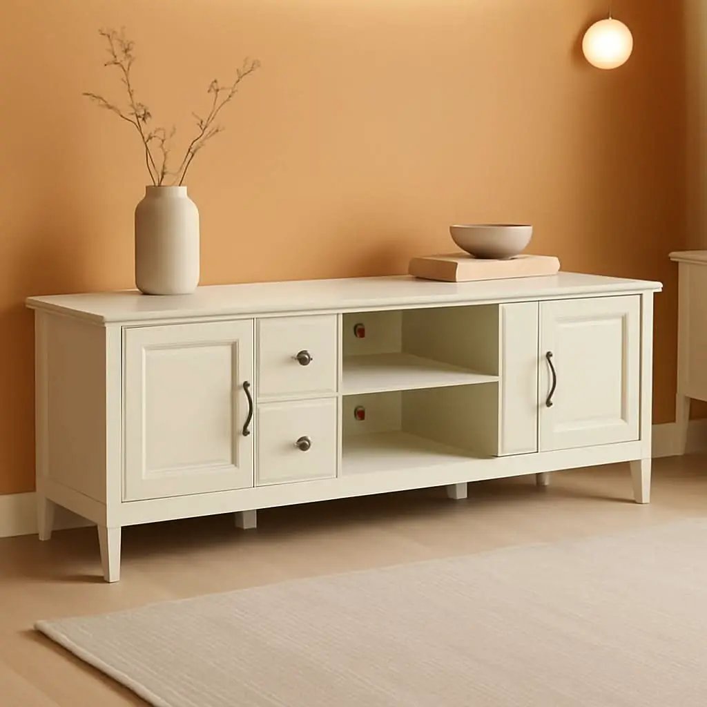 72 Inch Wide Solid Wood TV Stand Antique White With Storage from PriceLows™