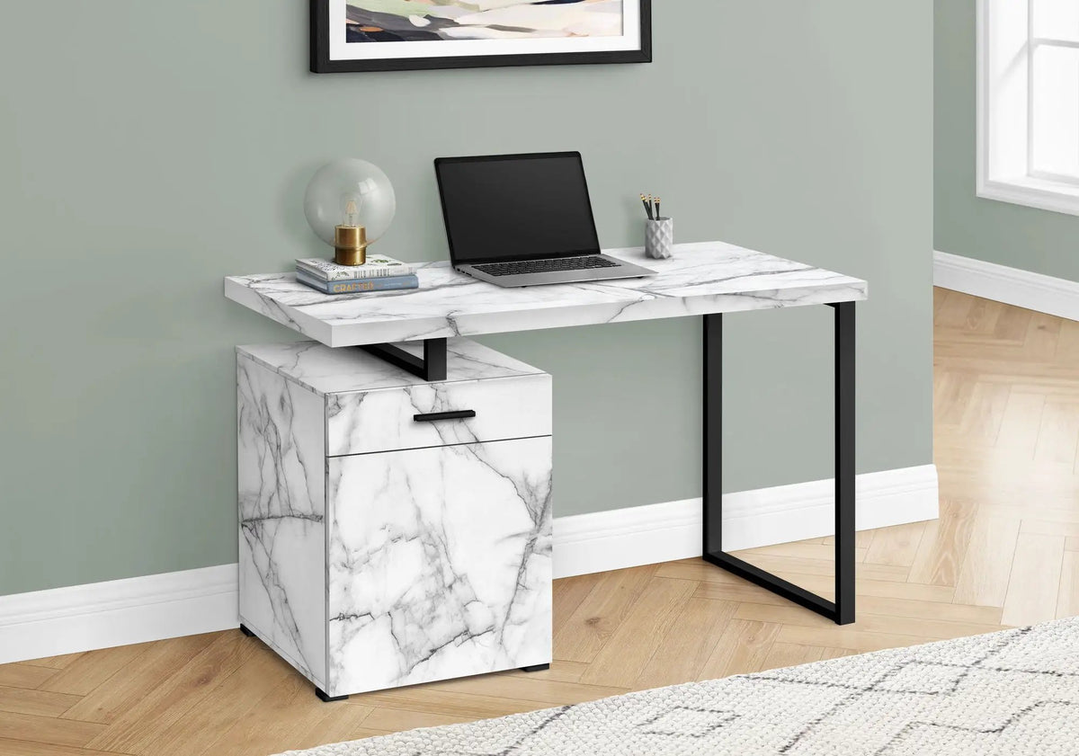 White Marble Look Computer Desk | 47.25 Inch Width | Drawer And Storage Compartment | Left Or Right Setup