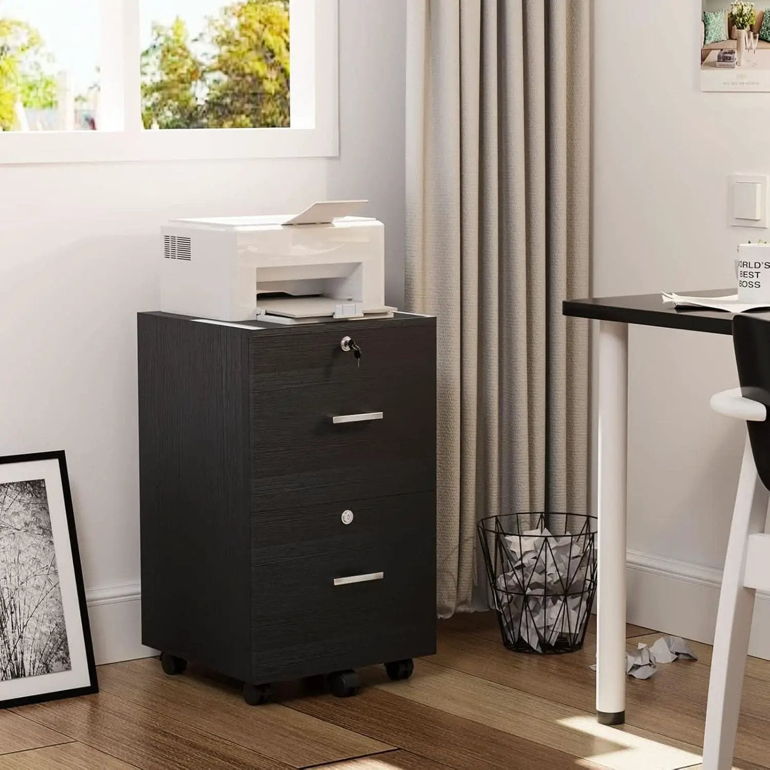 2 Drawer Rolling File Cabinet With Lock For Letter Size Folders Under Desk Black from PriceLows™