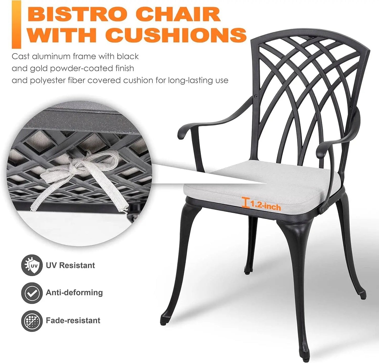 Outdoor Cast Aluminum Bistro Set 3 Piece With Umbrella Hole Gray Cushions from PriceLows™