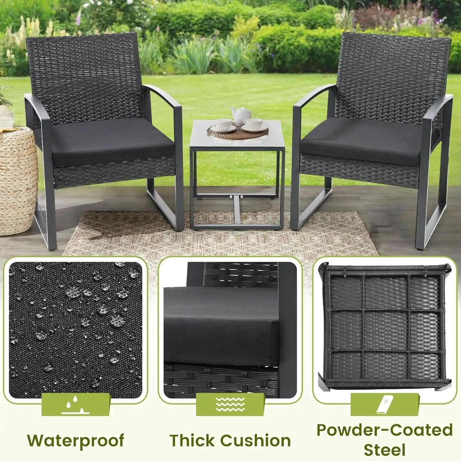 Three Piece Wicker Patio Bistro Set With Coffee Table Black Frame For Balcony Porch And Garden Outdoor from PriceLows™