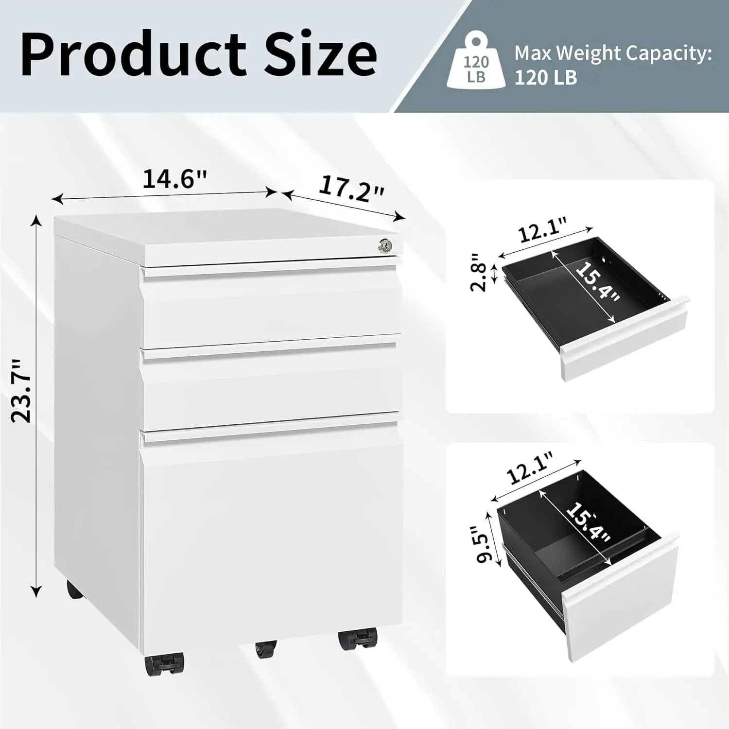 White Rolling File Cabinet With Lock Office Storage from PriceLows™