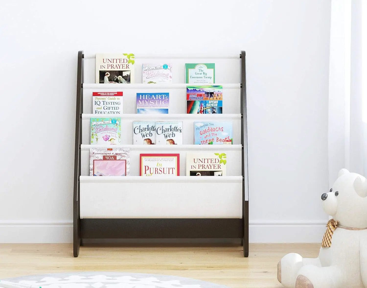 Kids Sling Bookshelf Espresso With Magazine Rack Organizer For Kids Room from PriceLows™