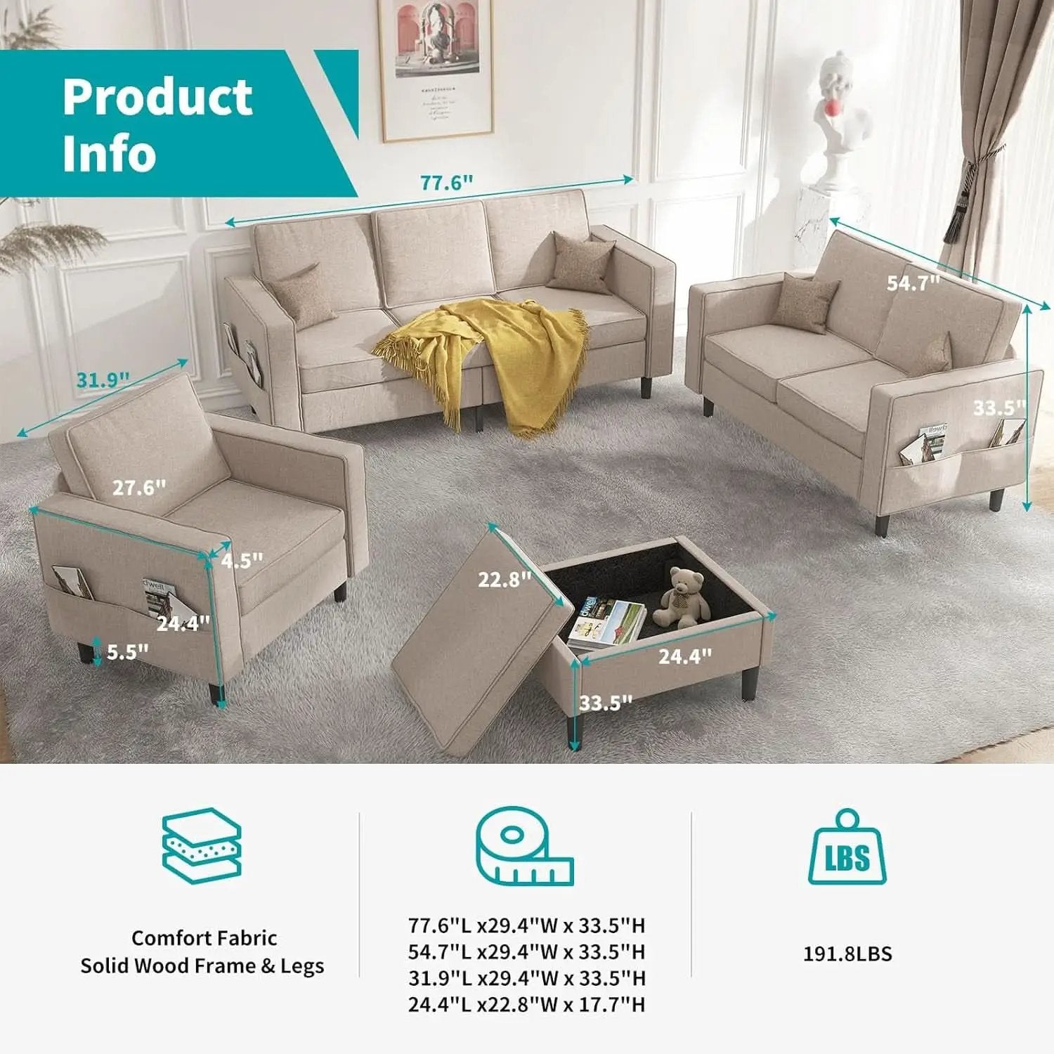 Beige Sectional Sofa Set With Movable Storage Ottoman from PriceLows™