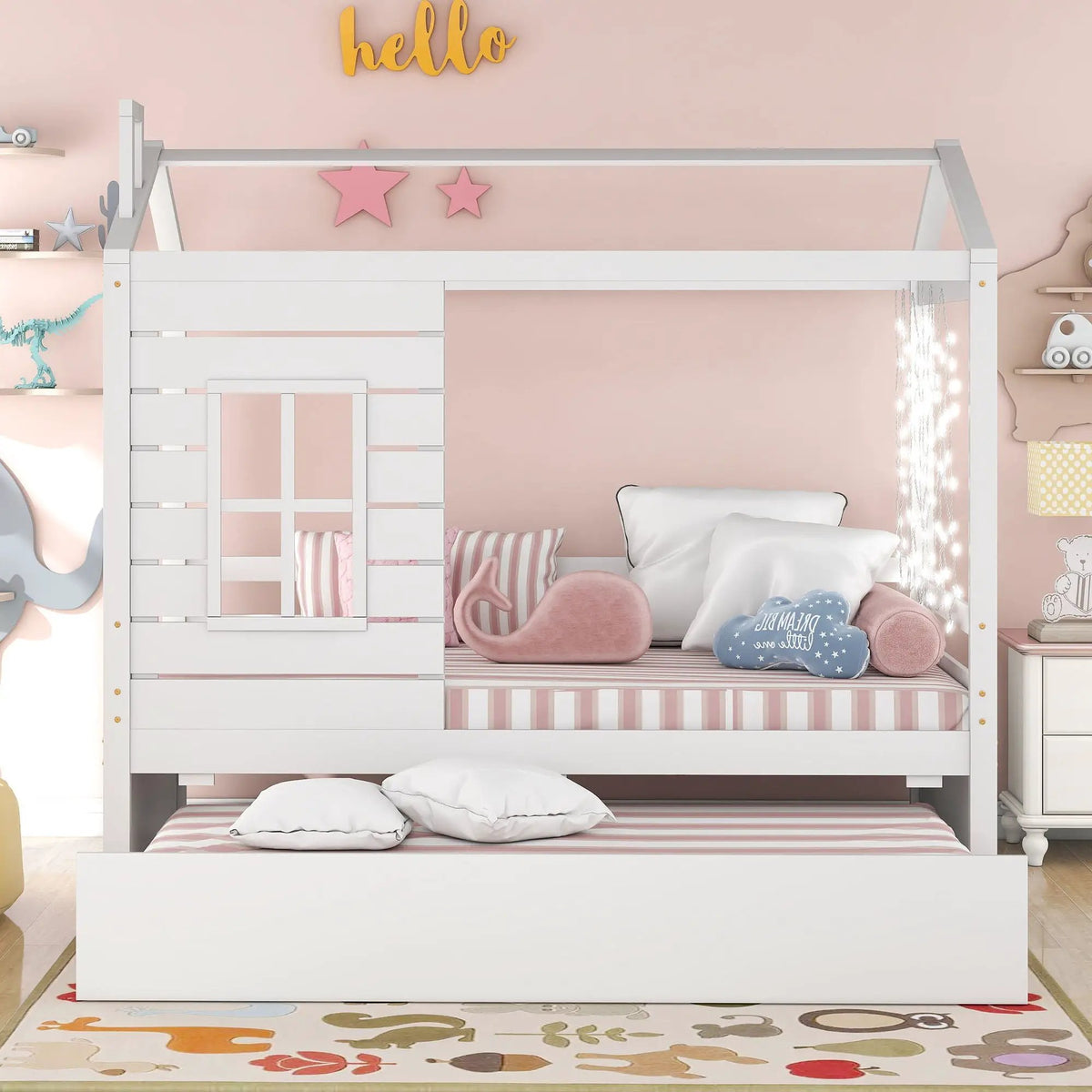 Twin Size Classic House Bed | Twin Trundle | White | 75.5 Inch Height
