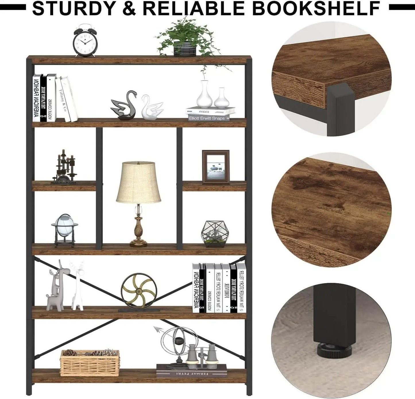 Rustic Industrial 6 Tier Bookcase Brown Wood Black Metal from PriceLows™