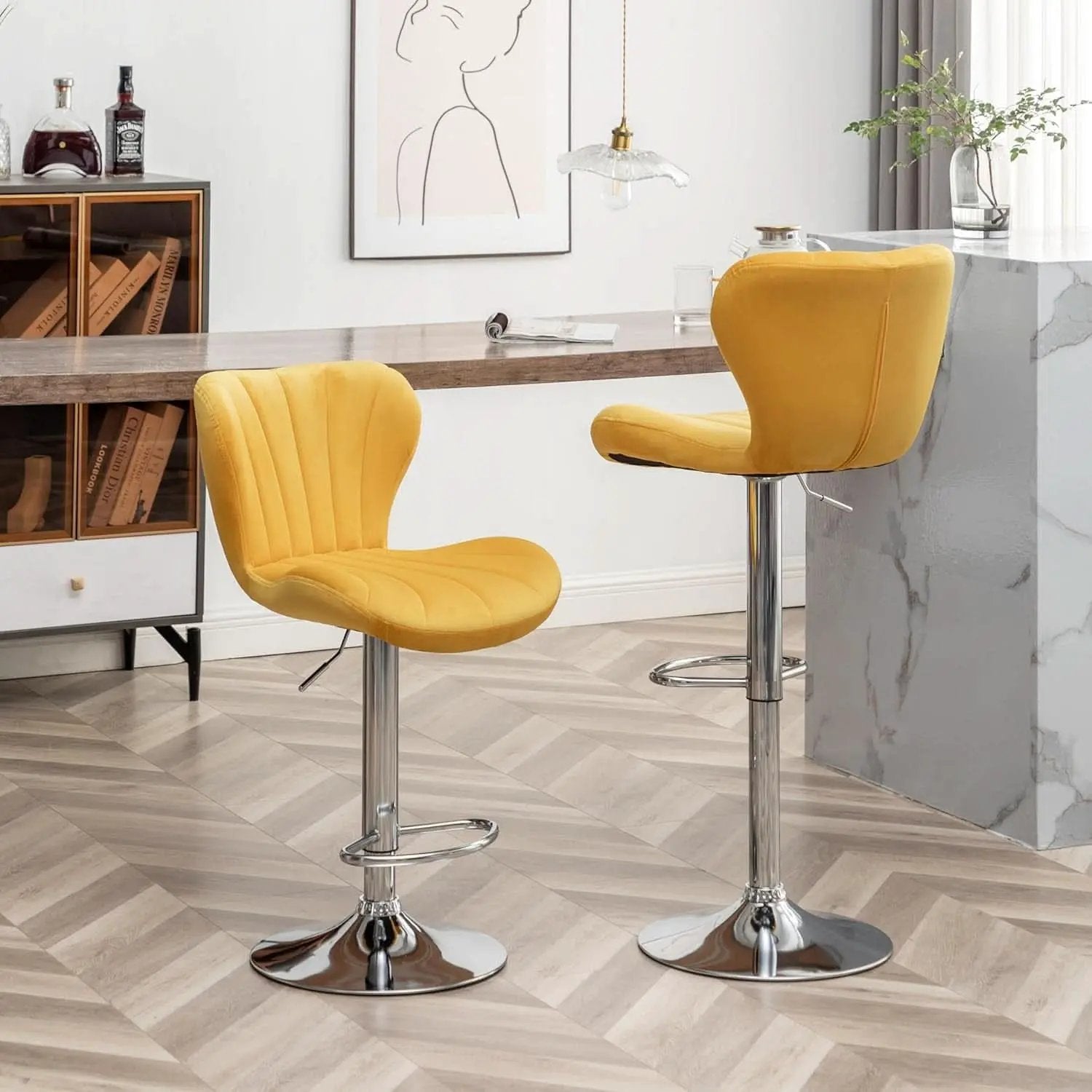 Yellow Adjustable Swivel Bar Stools Set Of 2 For Kitchen from PriceLows™