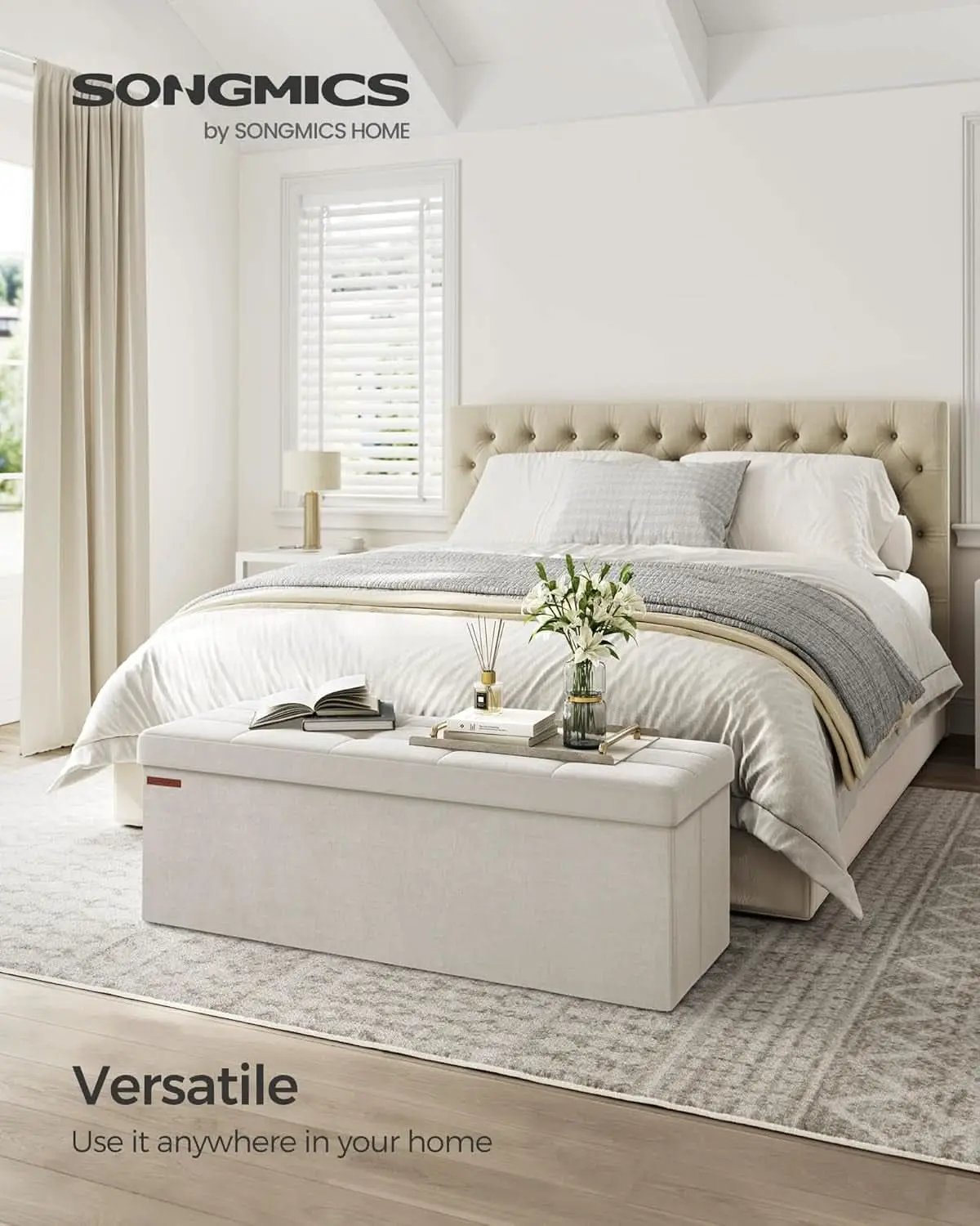 Cream White Storage Ottoman Bench Foldable 15x43x15 from PriceLows™