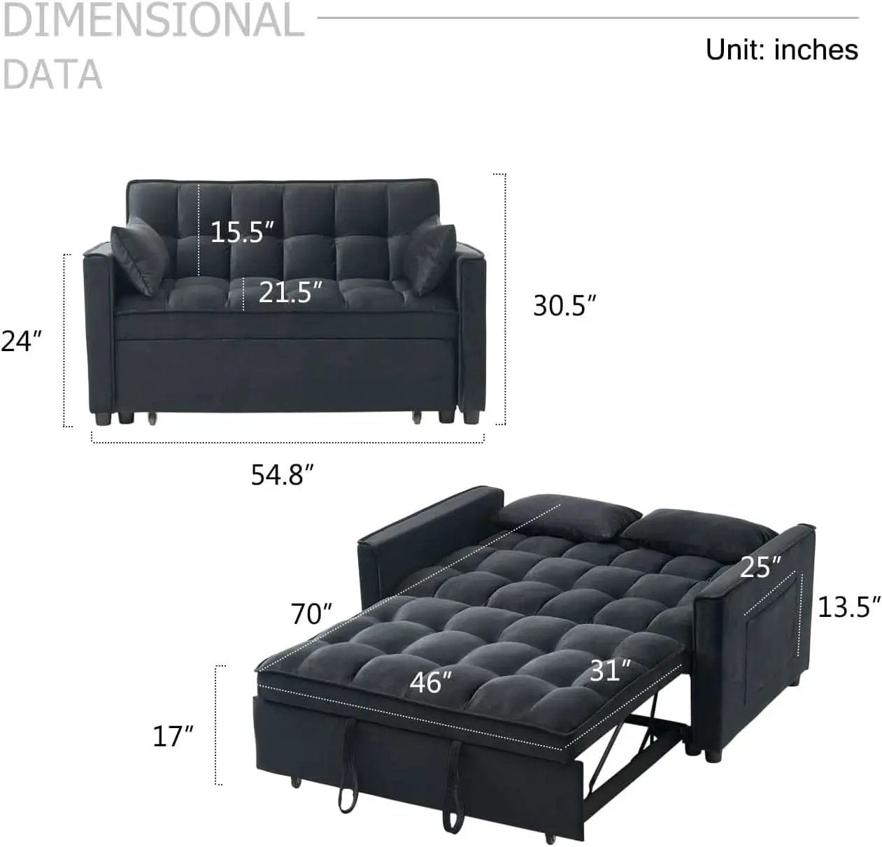 Black Velvet Sleeper Sofa With Adjustable Backrest from PriceLows™