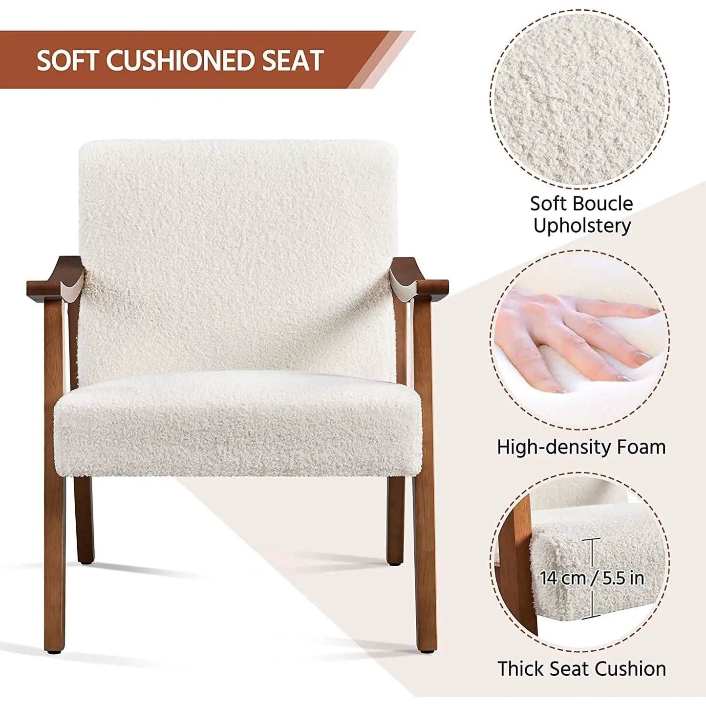 Mid Century Ivory Accent Chair With Wood Legs Boucle Upholstery from PriceLows™