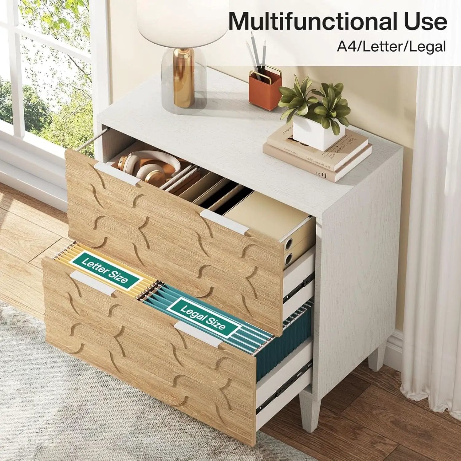 Two Drawer Lateral File Cabinet For A4 Letter And Legal Size Documents White And Walnut Printer Stand from PriceLows™