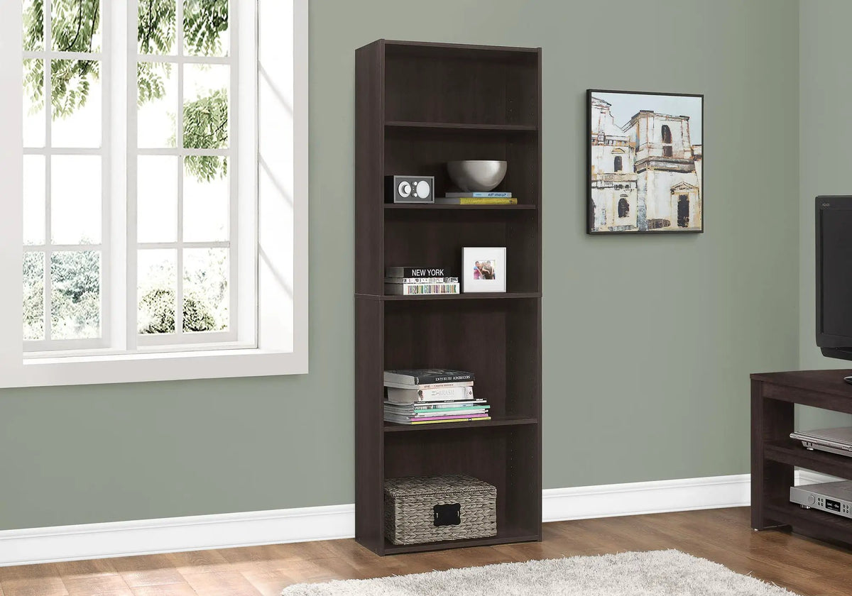 6 Tier Bookshelf | Transitional Style | 3 Adjustable Shelves | 71.25 Inch Height