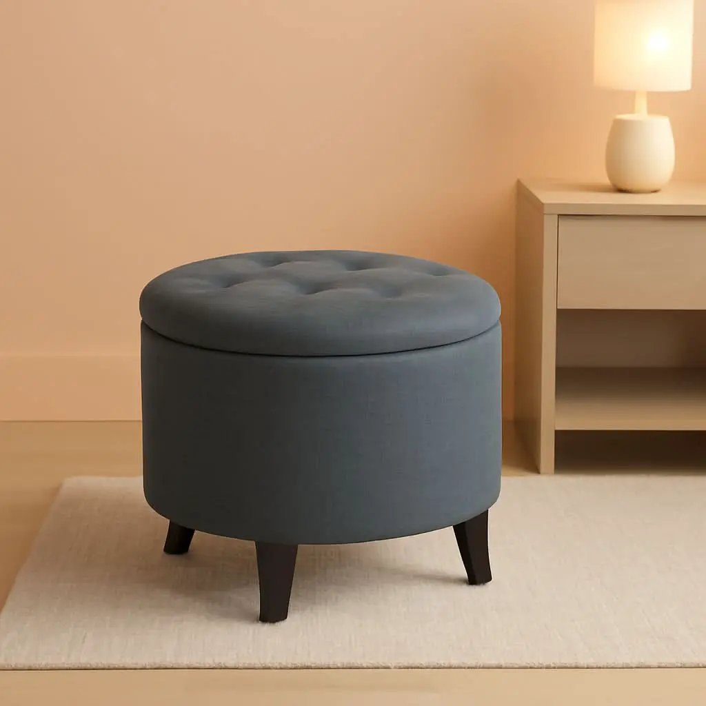 Gray Fabric Round Storage Ottoman With Button Tufting from PriceLows™