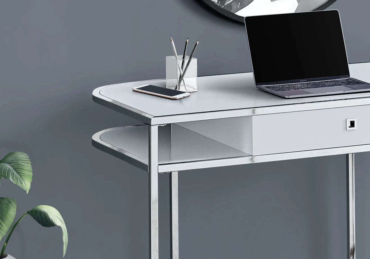 White Computer Desk | Glossy White And Chrome Metal | Storage Drawers | 47.25 Inch Length