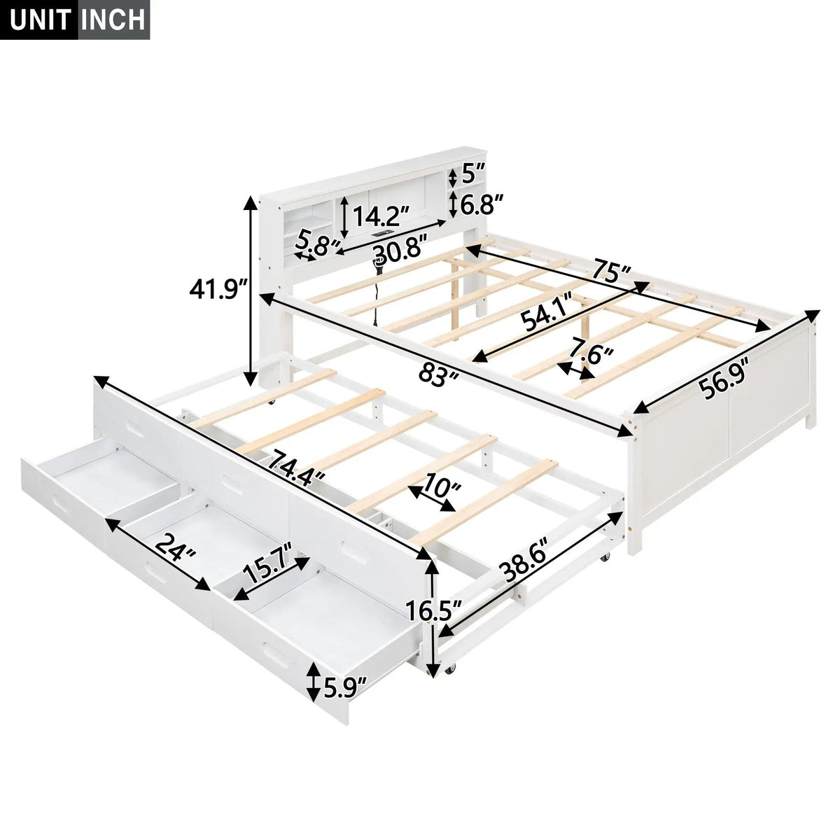 Platform Bed | Storage Headboard | USB Ports | Twin Trundle