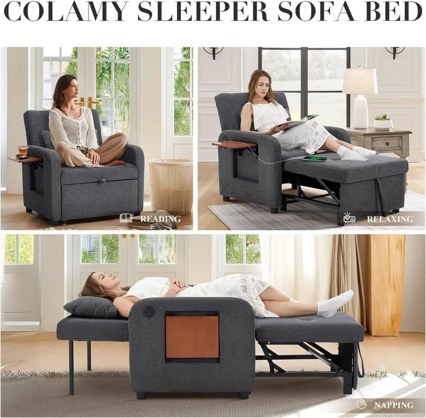 Convertible Sleeper Armchair Charcoal Gray USB Port from PriceLows™