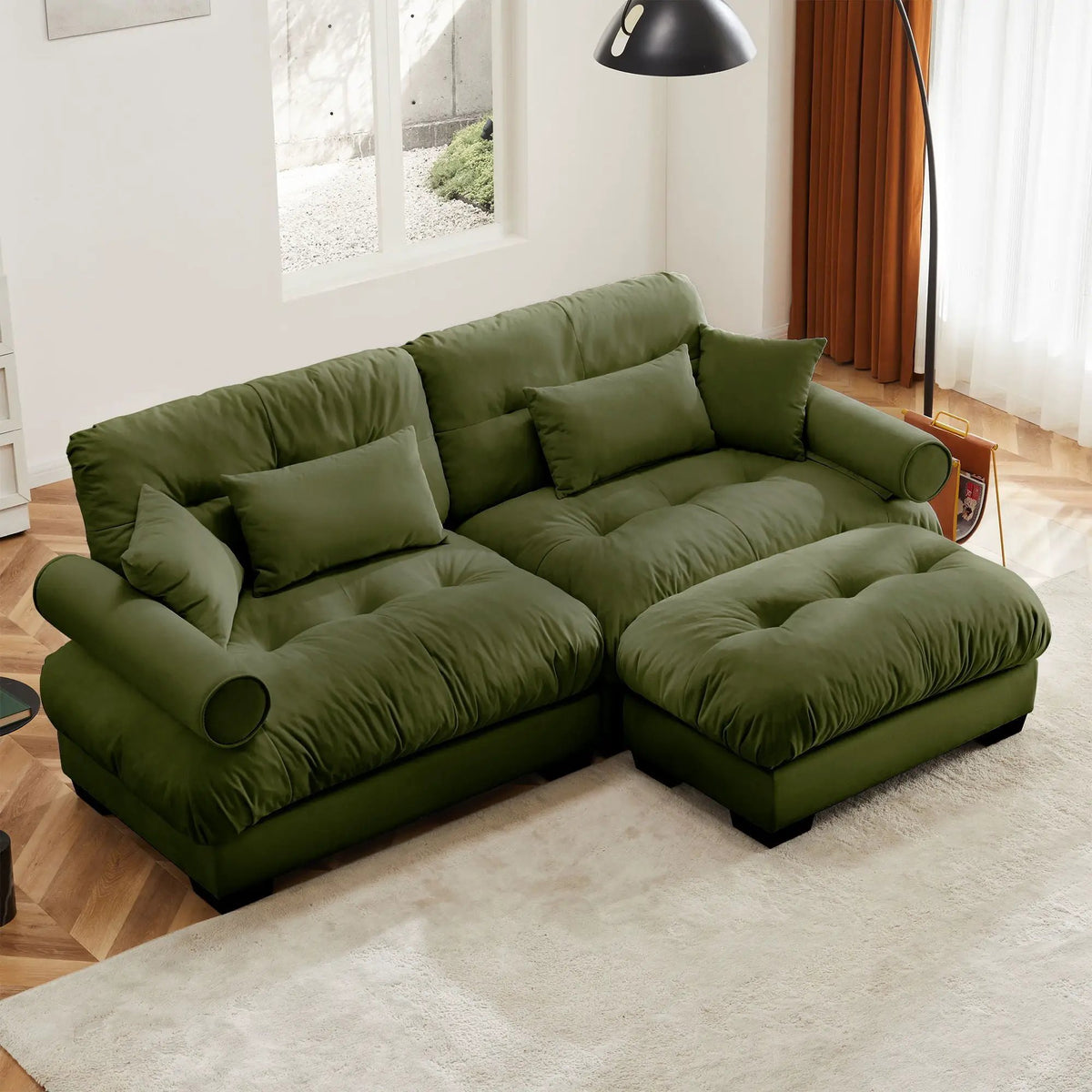 Modular Sectional Sofa | Deep Comfort Cushions | Vintage Fabric Ottoman