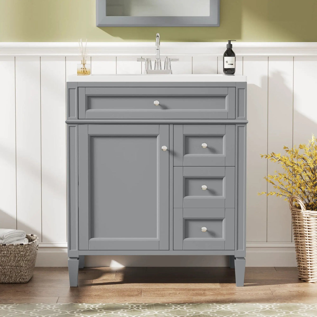 30 Inch Bathroom Vanity With Top Sink | 2 Drawers | Tip-Out Drawer | Vintage-Inspired Handles