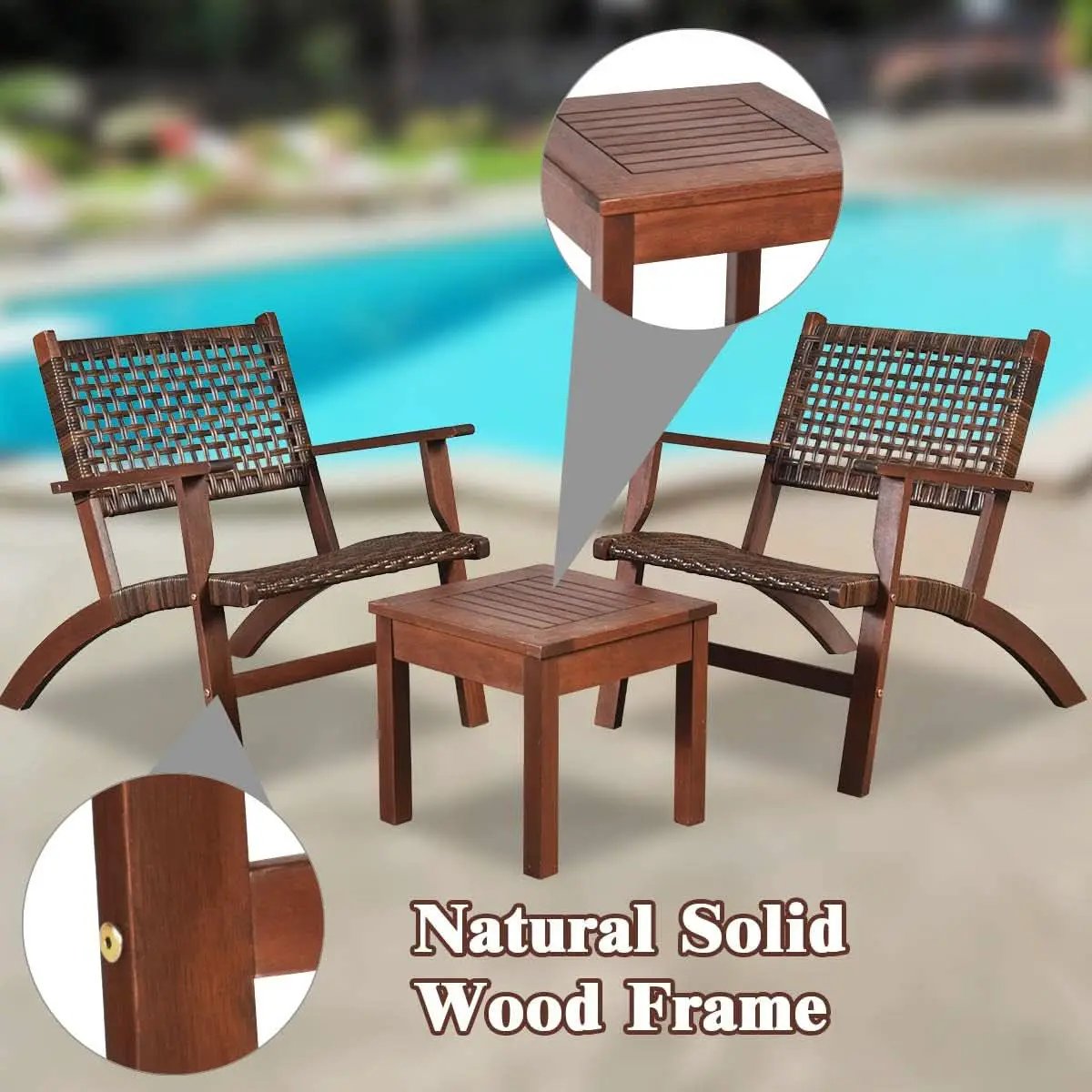 3 Piece Patio Conversation Set With Solid Eucalyptus Wood Frame And Brown Rattan Wicker from PriceLows™
