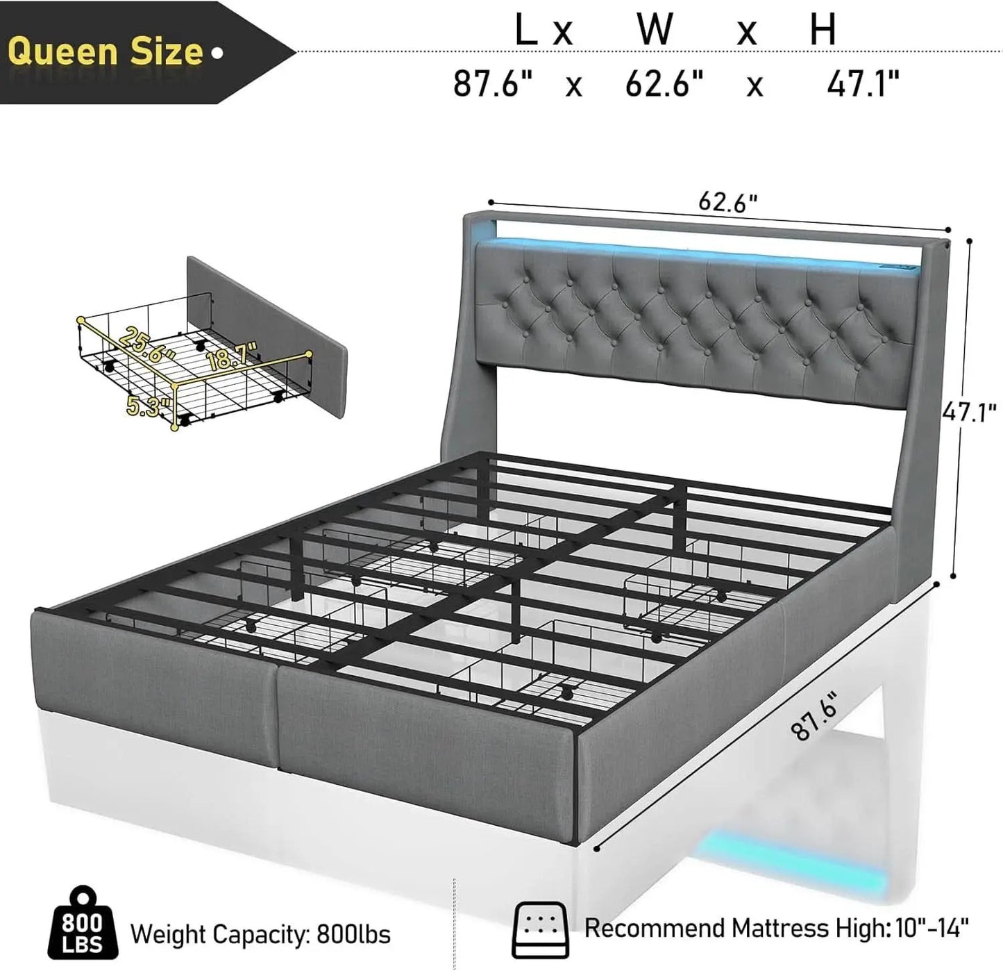 Queen Bed Frame With Storage Headboard LED Lighting from PriceLows™