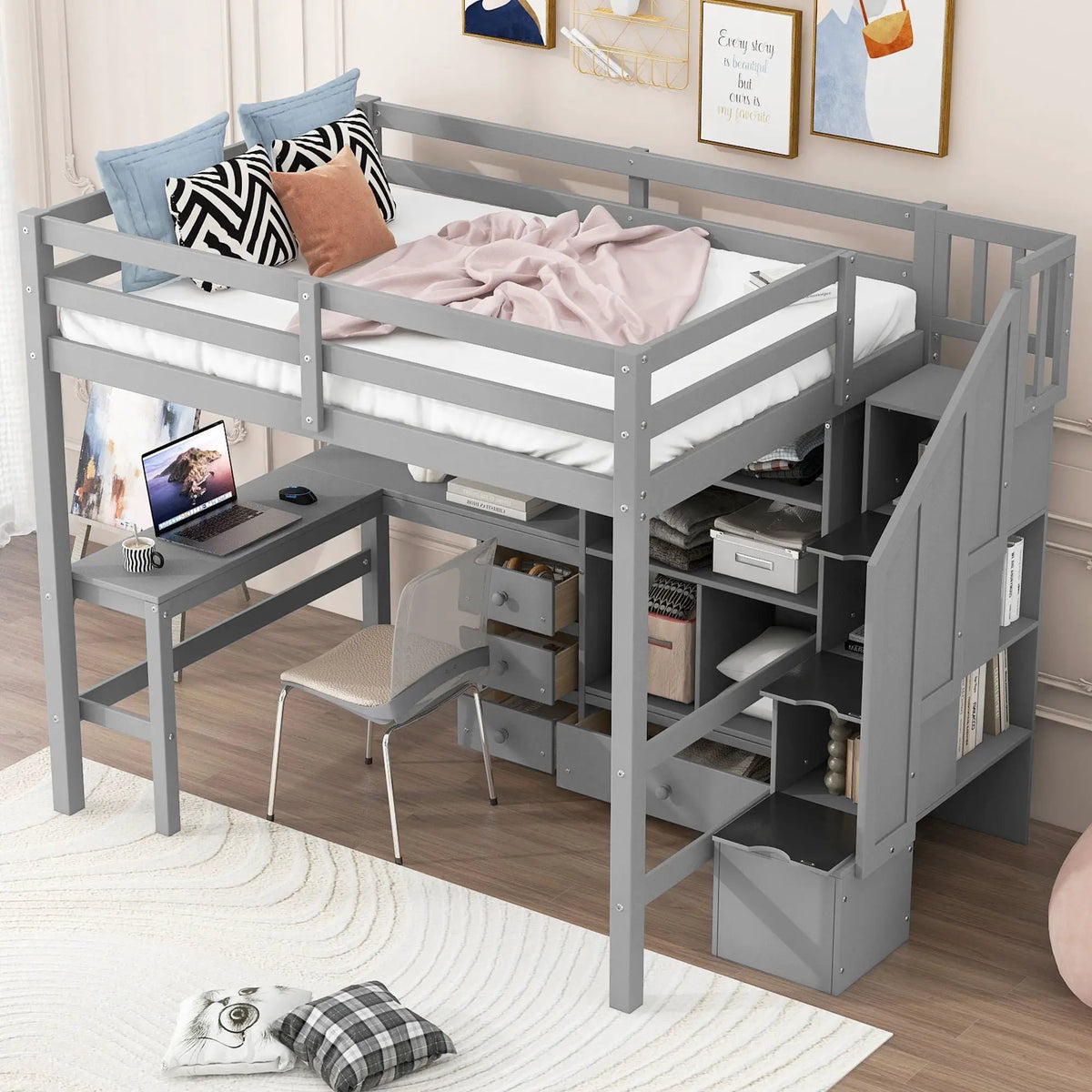 Loft Bed With L-Shaped Desk | Three Drawers | Cabinet | Storage Staircase
