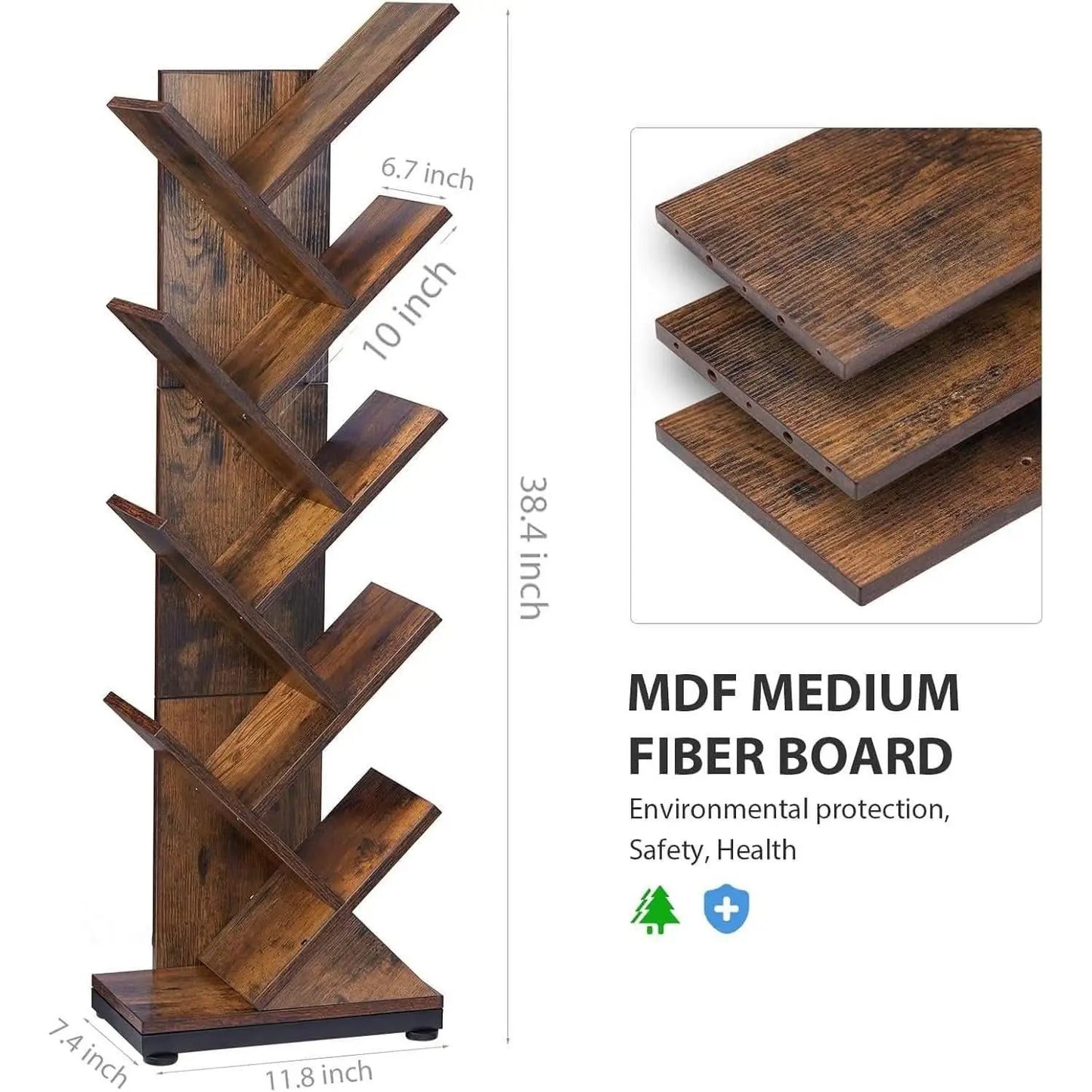 8 Tier Tree Bookshelf Floor Standing Bookcase For Books CDs Rustic Wood from PriceLows™