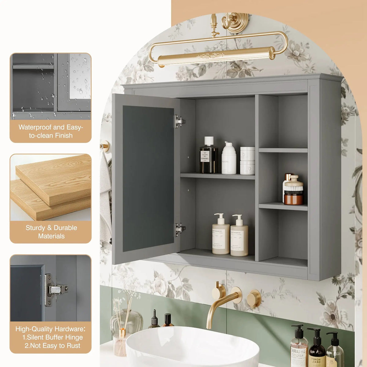 Wall Mounted Medicine Cabinet | Adjustable Interior | 6 Open Shelves