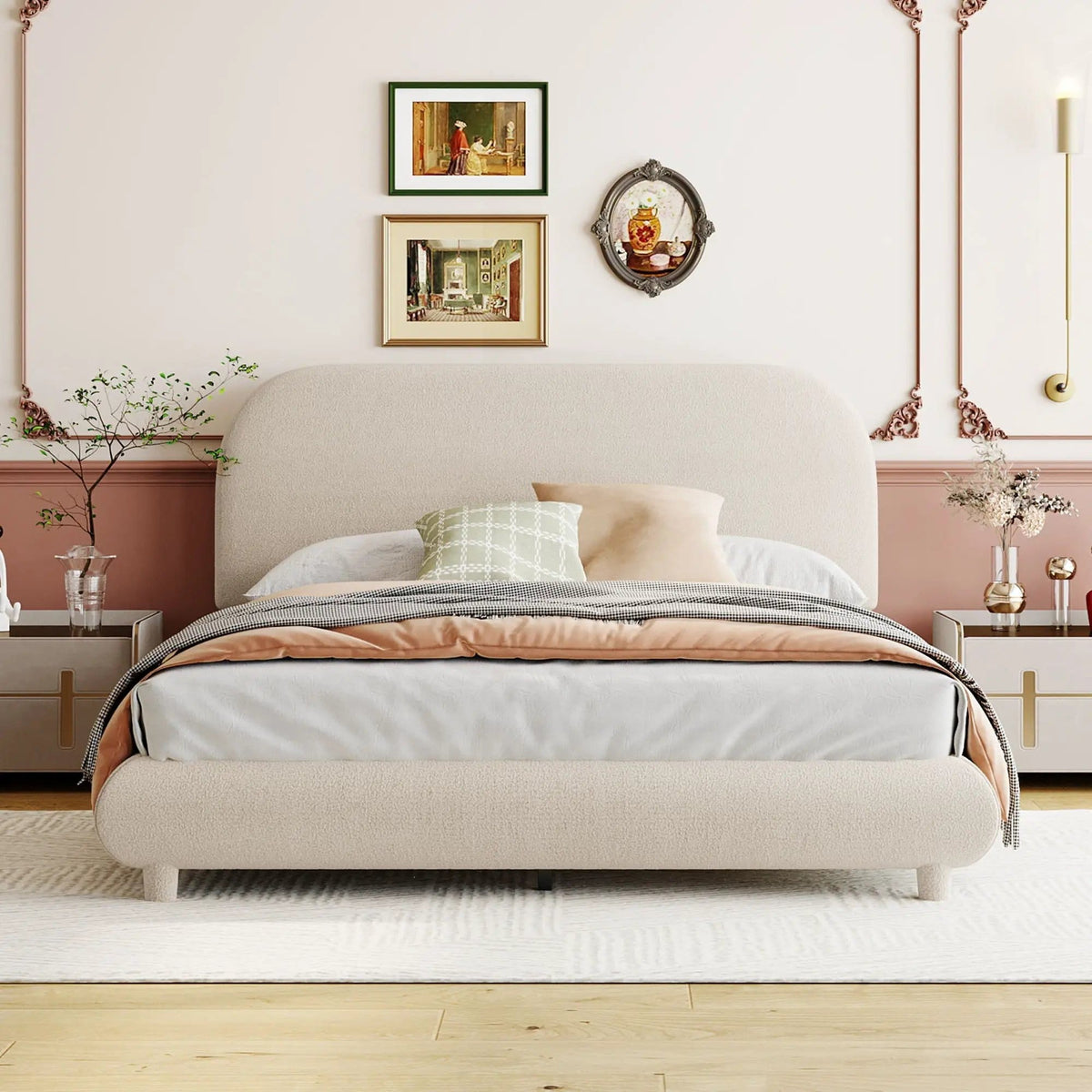 Upholstered Platform Bed With Thick Solid Frame And Stylish Curve-Shaped Design | 2 Pieces | Fabric & Wood | Bedroom