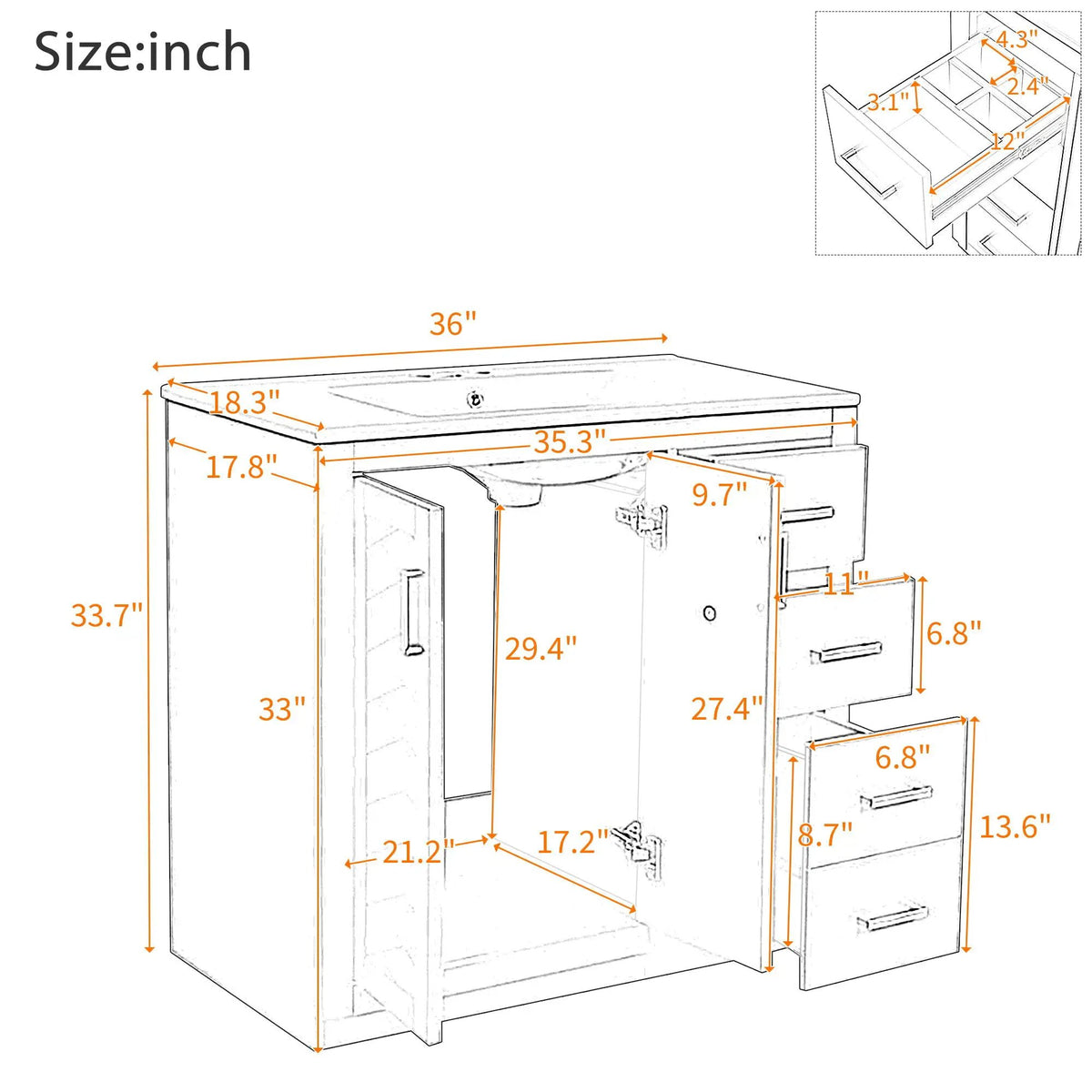 36 Inch Bathroom Vanity | Ceramic Sink Combo | 3 Drawers | Soft Closing Doors