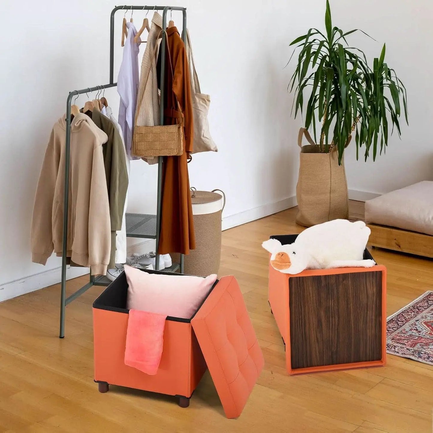 Orange Faux Leather Storage Ottoman With Wooden Tray from PriceLows™