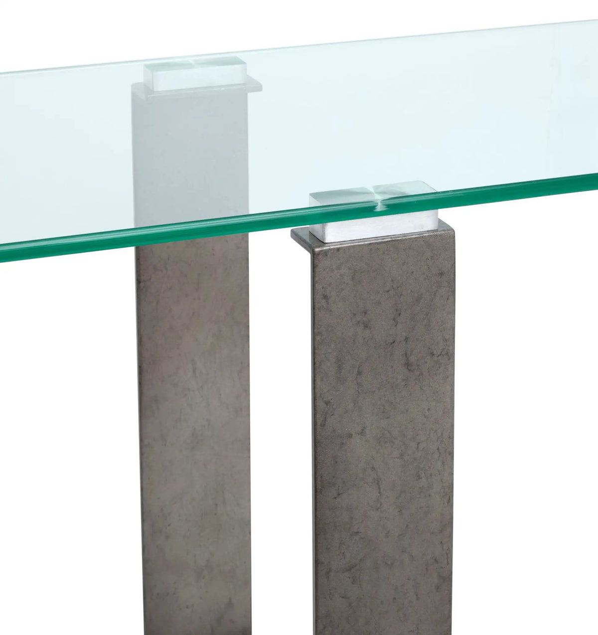 Holden Rectangular End Table | Aged Pewter Metal Frame | Tempered Glass Top | Triangular Base